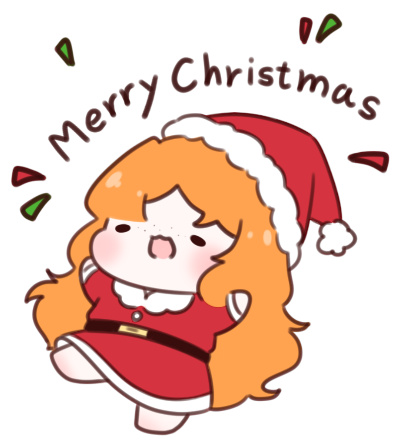 ishmael (project moon), limbus company, project moon, commentary, english commentary, 1girl, :3, chibi, christmas, dress, egodiary, english text, full body, hat, long hair, open mouth, orange hair, red dress, santa costume, santa dress, santa hat, simple background, smile, solid oval eyes, solo, white background