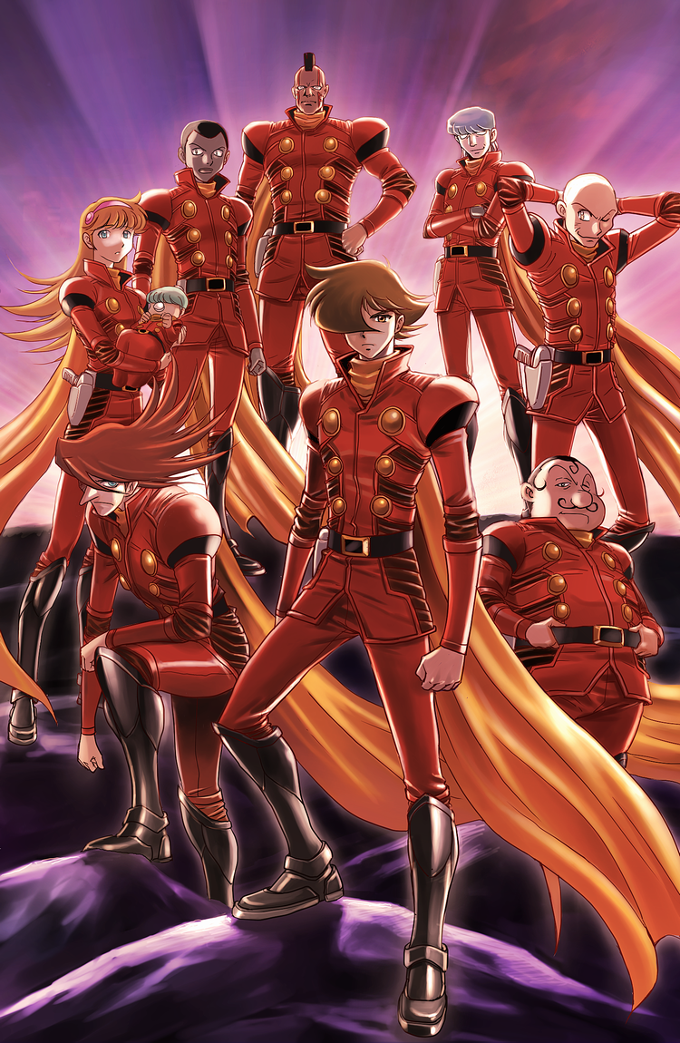 yusao, albert heinrich, chang changku, francoise arnoul, geronimo jr, great britain, great britain (cyborg 009), ivan whisky, jet link, pyunma, shimamura joe, cyborg 009, 1girl, 6+boys, bald, blonde hair, blue eyes, boots, brown eyes, brown hair, dark-skinned male, dark skin, everyone, facial hair, gun, hair over one eye, handgun, holster, long hair, long nose, mohawk, multiple boys, mustache, no pupils, one eye closed, scarf, short hair, weapon, white hair, wink