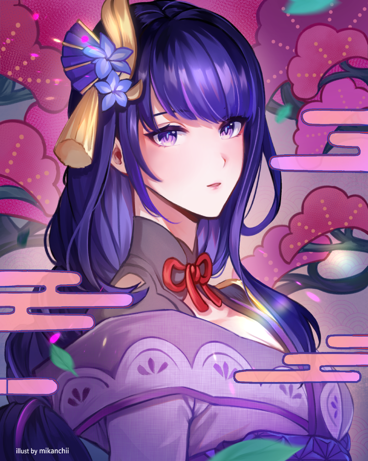 mikanchii, raiden shogun, genshin impact, commentary, english commentary, 1girl, artist name, blunt bangs, braid, breasts, cleavage, clothing cutout, fan hair ornament, from side, japanese clothes, kimono, light blush, long braid, multicolored hair, neck ribbon, no mole, off shoulder, open mouth, purple eyes, purple hair, purple kimono, red ribbon, ribbon, shade, shoulder cutout, single braid, solo, streaked hair, upper body