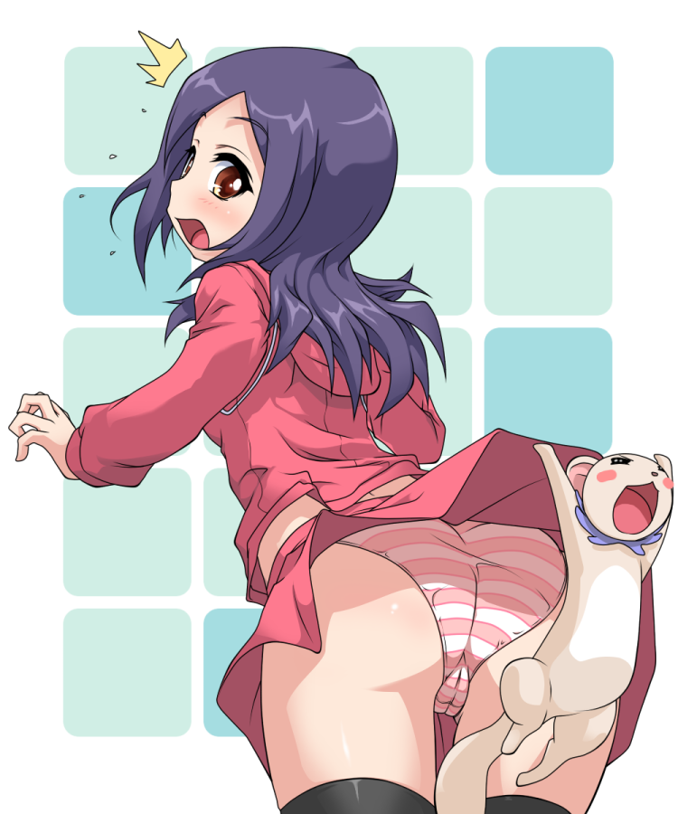 k10k, higashi setsuna, tart (fresh precure!), fresh precure!, precure, 00s, 1girl, ^^^, arms up, ass, assisted exposure, black hair, brown eyes, cameltoe, clothes lift, female focus, from behind, long hair, looking back, o/, outstretched arms, panties, pantyshot, school uniform, skirt, skirt flip, skirt lift, solo, striped clothes, striped panties, surprised, surprised arms, thighhighs, trefoil, underwear, upskirt