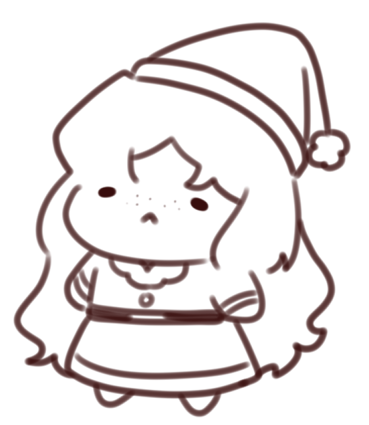 ishmael (project moon), limbus company, project moon, commentary, english commentary, 1girl, chibi, christmas, dress, egodiary, frown, hat, lineart, long hair, monochrome, sad, santa costume, santa dress, santa hat, simple background, solid oval eyes, solo, white background