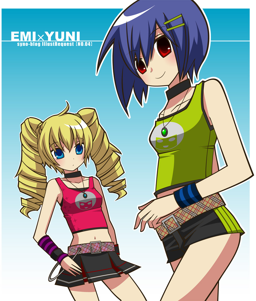 emi, toshiba emi, yuni (dance dance revolution), bemani, dance dance revolution, tagme, 2girls, blonde hair, blue hair, blue theme, dancing, etoshiba, female focus, hat, multiple girls, purple hair, short hair, skirt