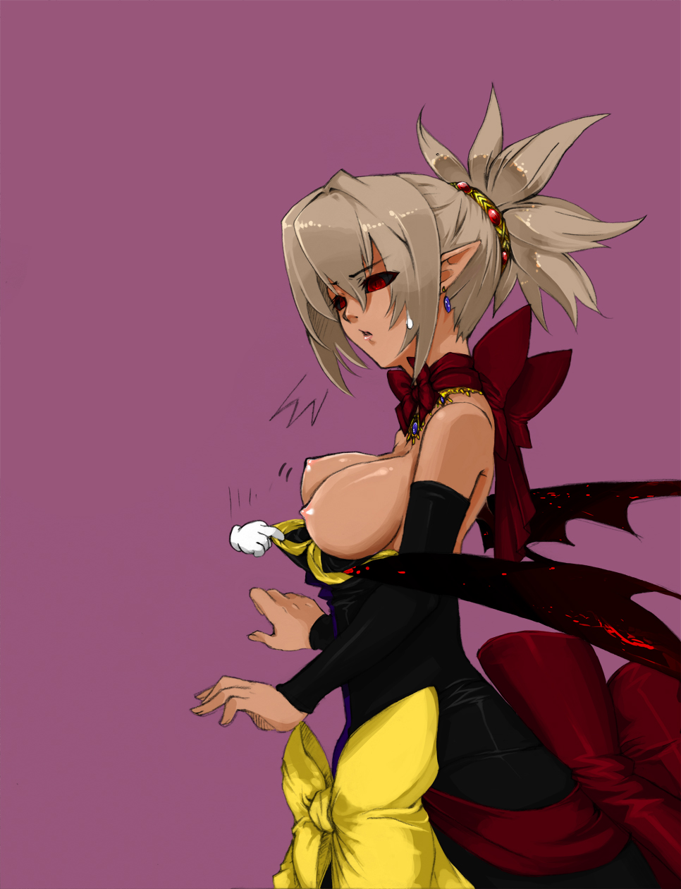 suigintouin, rozalin, zenon, zenon (disgaea), disgaea, makai senki disgaea 2, highres, 1girl, bat wings, black sclera, blonde hair, bow, breasts, clothes pull, colored sclera, dark persona, demon girl, detached sleeves, dress, dress pull, earrings, hair ornament, jewelry, large breasts, necklace, pointy ears, red eyes, surprised, sweatdrop, wings, yellow bow