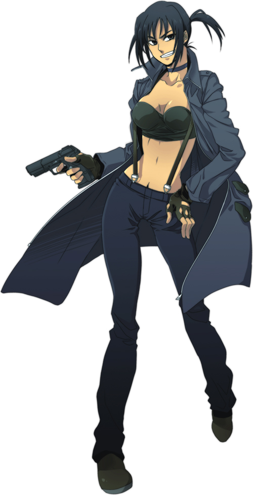 re ghotion, alphard (canaan), 428, 428: fuusa sareta shibuya de, canaan (series), chunsoft, bad id, bad pixiv id, 1girl, black eyes, black hair, bustier, female focus, fingerless gloves, gloves, grin, gun, hand on own hip, handgun, hip focus, jacket, lingerie, midriff, navel, pistol, ponytail, semi-automatic pistol, simple background, smile, solo, suspenders, underwear, weapon