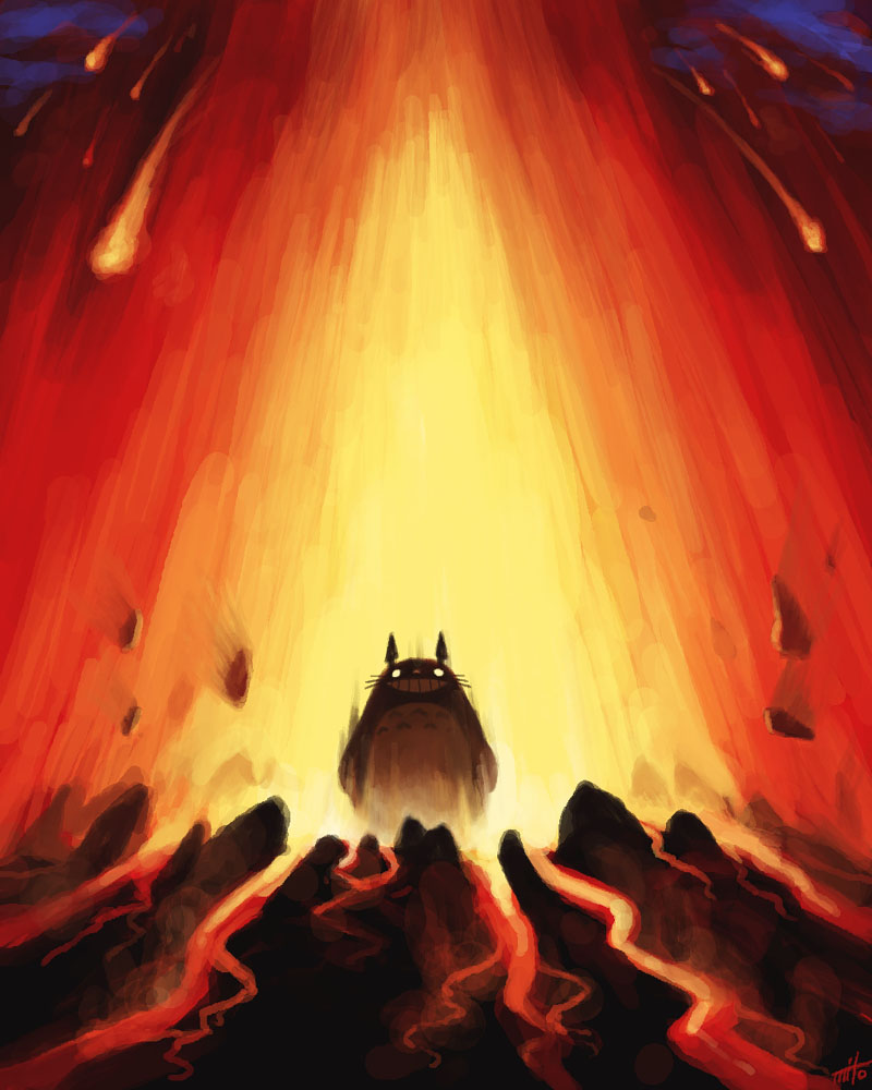 mito hakruren, totoro, studio ghibli, tonari no totoro, 1980s (style), bad id, bad pixiv id, epic, eruption, fire, glowing, glowing eyes, no humans, retro artstyle, solo, volcano