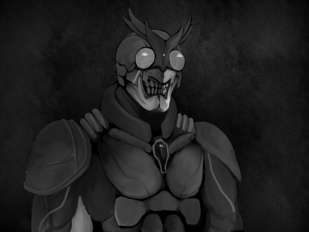 nukamiso, yozo (stanky), another agito, kamen rider, kamen rider agito (series), 1boy, antennae, dark, greyscale, male focus, monochrome, solo, teeth