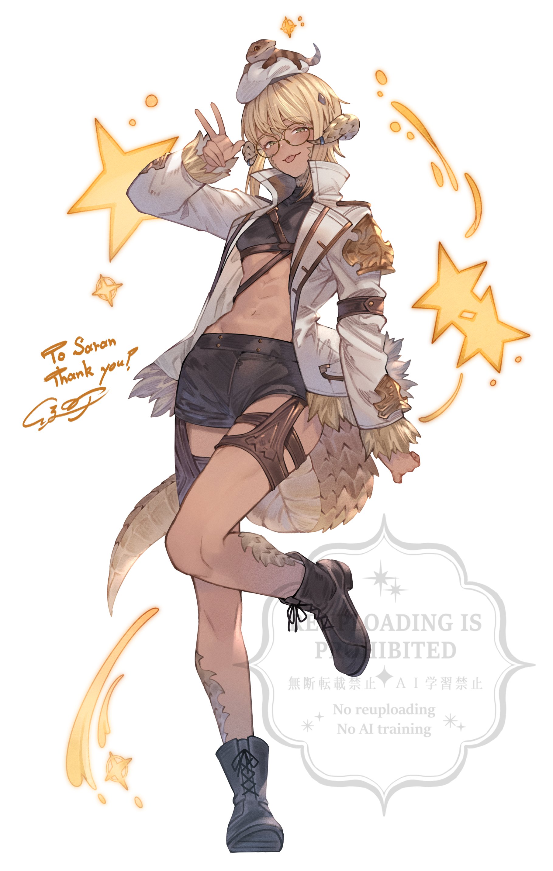 ayacho, saran (femraenjoyer), warrior of light (ff14), final fantasy, final fantasy xiv, original, absurdres, commentary, commission, highres, skeb commission, 1girl, :p, abs, animal, animal on head, au ra, black boots, black shirt, black shorts, blonde hair, boots, breasts, brown eyes, brown scales, brown tail, chest strap, commissioner name, crop top, cropped shirt, dragon girl, dragon horns, dragon tail, full body, fur-trimmed jacket, fur trim, glasses, gold trim, hand up, high collar, horns, jacket, lace-up boots, lizard, long sleeves, looking at viewer, navel, on head, open clothes, open jacket, round eyewear, shirt, short hair, short shorts, shorts, simple background, small breasts, solo, standing, standing on one leg, star (symbol), stomach, tail, thank you, tongue, tongue out, v, watermark, white background, white jacket