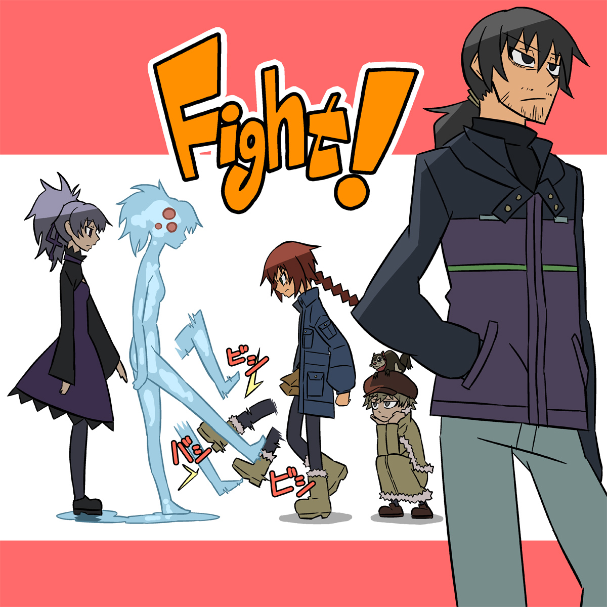 yamaoka, hei (darker than black), july (darker than black), mao (darker than black), petya, suou pavlichenko, yin (darker than black), darker than black, highres, translated, 00s, 2boys, 2girls, angry, battle, beard, black cat, blonde hair, boots, braid, cat, coat, dress, facial hair, hat, kicking, multiple boys, multiple girls, pantyhose, ponytail, red hair, squatting, squirrel, white hair