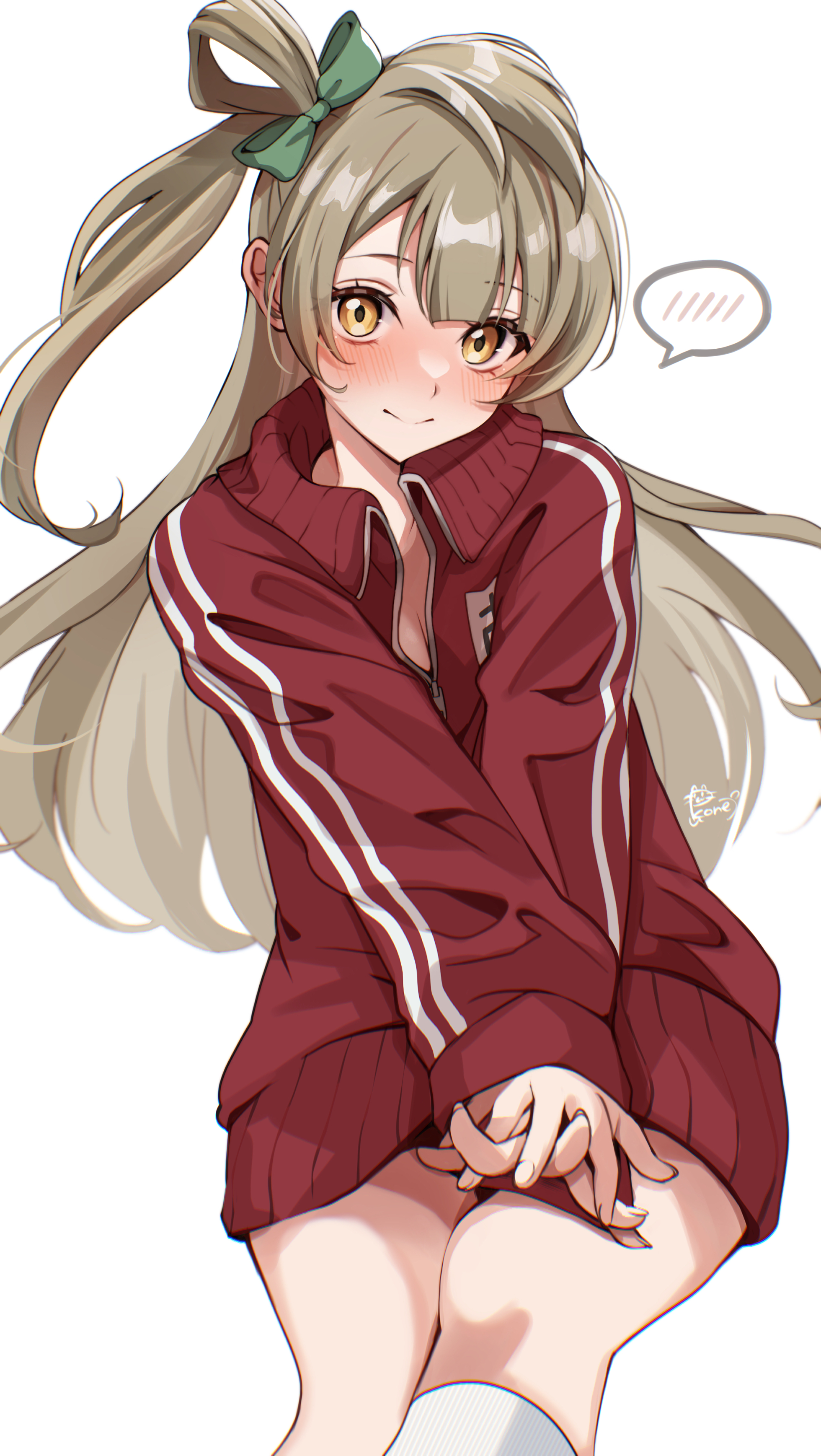 pukonuu, minami kotori, love live!, love live! school idol project, absurdres, commentary request, highres, 1girl, blush, bow, brown hair, hair bow, hair rings, jersey, long hair, long sleeves, looking at viewer, own hands together, ponytail, simple background, single hair ring, smile, solo, speech bubble, white background, yellow eyes