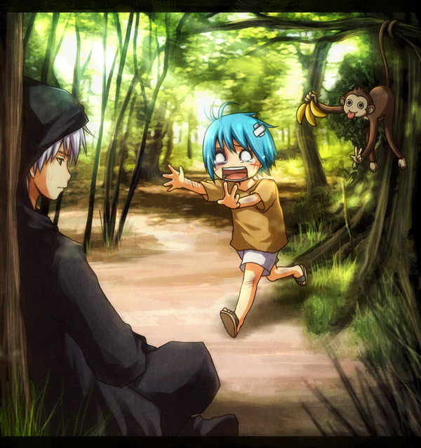 nuriko-kun, original, silver hair, 2boys, aqua hair, banana, bruise, bruised eye, food, fruit, hood, injury, monkey, multiple boys, o o, sandals, scar, scratches, sitting, sweatdrop, tears, v