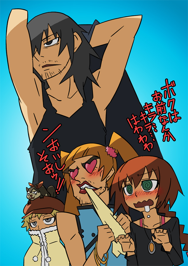 yamaoka, hei (darker than black), july (darker than black), lebanon (darker than black), petya, suou pavlichenko, darker than black, translated, 00s, 1girl, 3boys, @ @, armpits, black hair, blonde hair, blush, bracelet, braid, china dress, chinese clothes, clenched teeth, coat, crossdressing, dress, green eyes, grey eyes, hat, heart, heart-shaped eyes, jewelry, lipstick, makeup, mouth hold, multiple boys, object on head, orange hair, red hair, saliva, short hair, single braid, squirrel, tank top, teeth, twintails, undressing