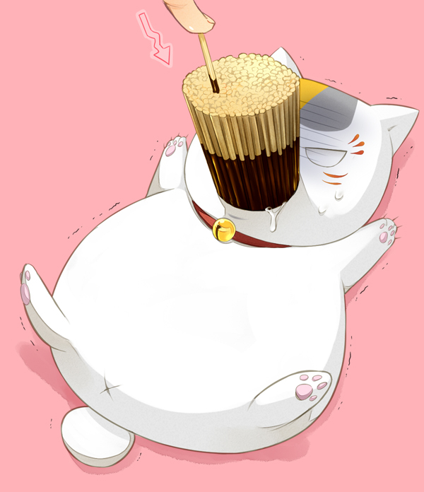 hpa (foolish factory), nyanko-sensei, natsume yuujinchou, 00s, anus, bell, cat, collar, feeding, food, food in mouth, force-feeding, neck bell, no humans, pocky, saliva, tail, too many