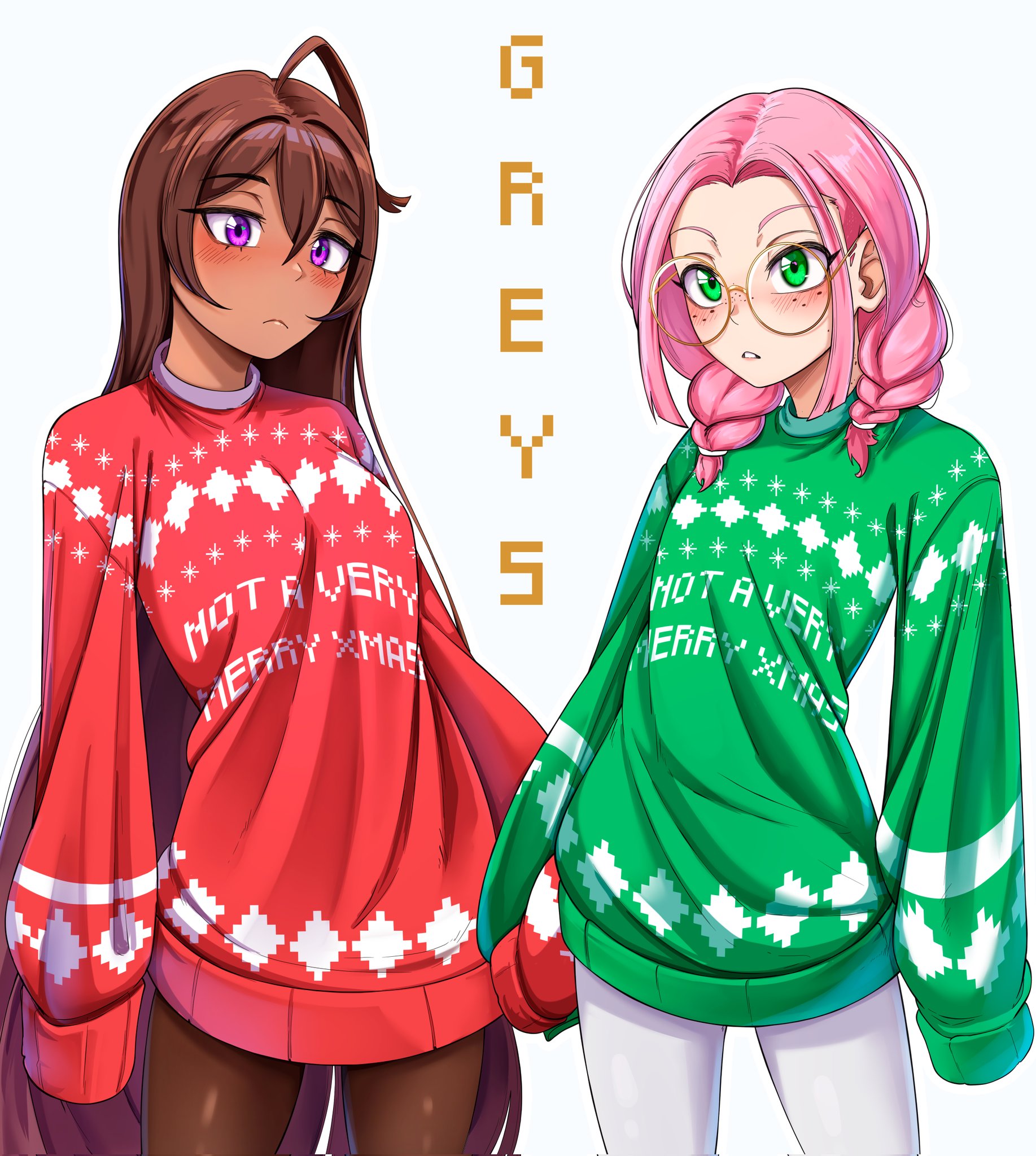 dilan griz, erika (dilan griz), julieth (dilan griz), original, commentary, english commentary, highres, 2girls, ahoge, blush, breasts, brown hair, christmas, christmas sweater, closed mouth, clothes writing, cowboy shot, dark-skinned female, dark skin, double-parted bangs, glasses, green eyes, green sweater, hair between eyes, long hair, long sleeves, looking at viewer, medium hair, multiple girls, parted hair, parted lips, pink hair, purple eyes, red sweater, round eyewear, simple background, sleeves past fingers, sleeves past wrists, small breasts, sweater, white background