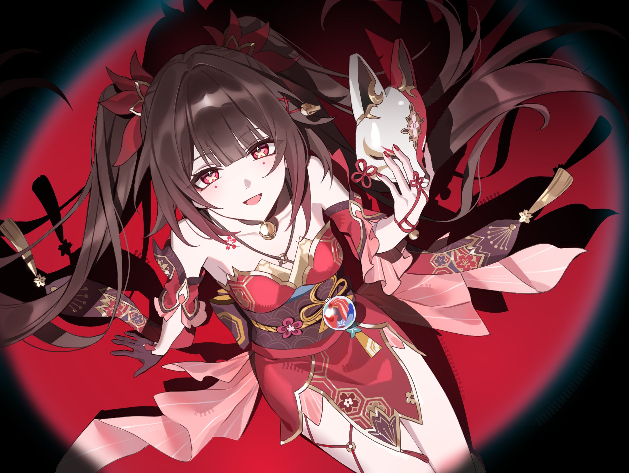 0p78xopwsj83779, sparkle (honkai: star rail), honkai: star rail, honkai (series), hashtag-only commentary, highres, 1girl, bell, black choker, black gloves, black hair, butterfly-shaped pupils, choker, criss-cross halter, detached sleeves, dress, fox mask, gloves, halterneck, holding, holding mask, japanese clothes, kimono, long hair, mask, neck bell, red dress, sitting, solo, spotlight, symbol-shaped pupils, tassel, twintails, waist ribbon