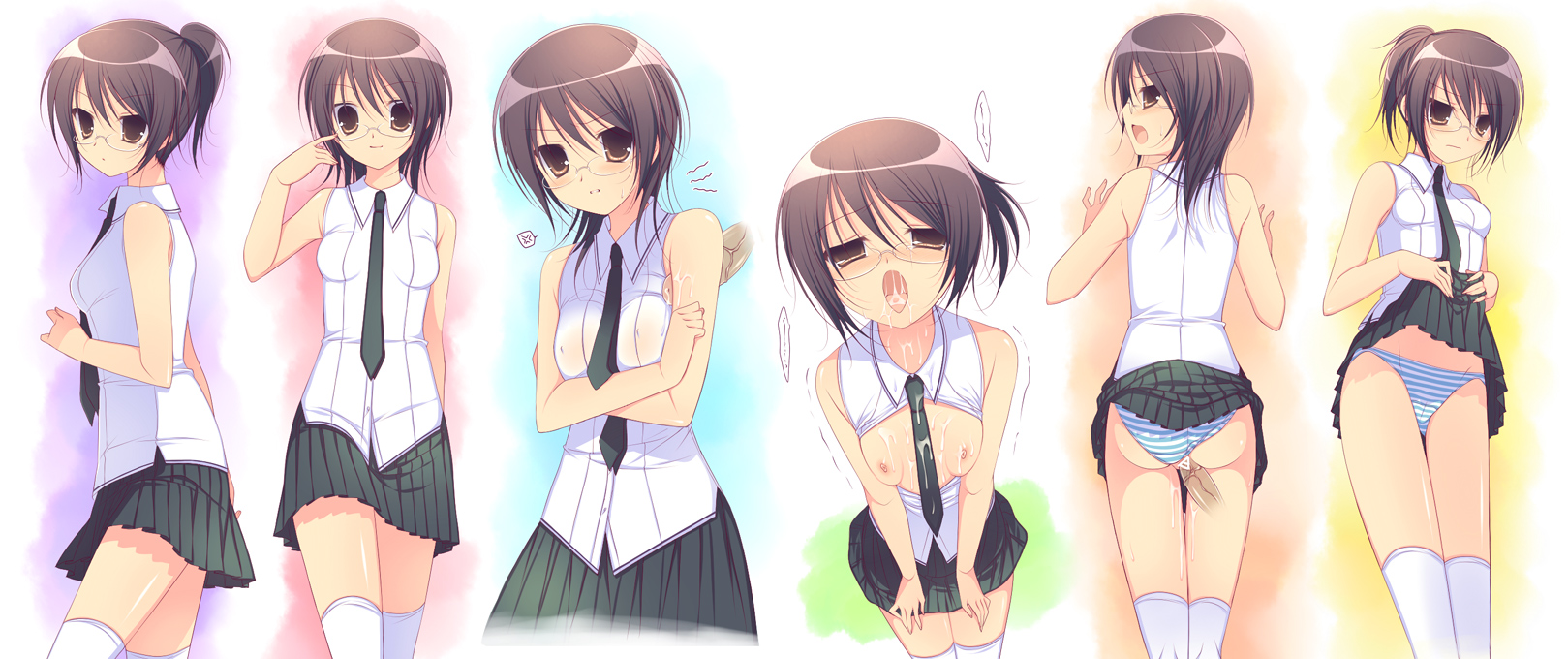 sumii, ayuzawa misaki, kaichou wa maid-sama!, bad id, bad pixiv id, highres, 1girl, adjusting eyewear, against wall, armpit sex, ass, breasts, brown eyes, brown hair, censored, clothes lift, clothing aside, collage, covered erect nipples, cum, cum in mouth, cum on body, cum on breasts, cum on clothes, cum on upper body, disembodied penis, facial, glasses, multiple views, necktie, nipples, no bra, open clothes, open shirt, panties, panties aside, penis, pleated skirt, ponytail, school uniform, sex, shirt, short hair, skirt, skirt lift, small breasts, solo focus, striped clothes, striped panties, thighhighs, underwear, upskirt, vaginal, zettai ryouiki