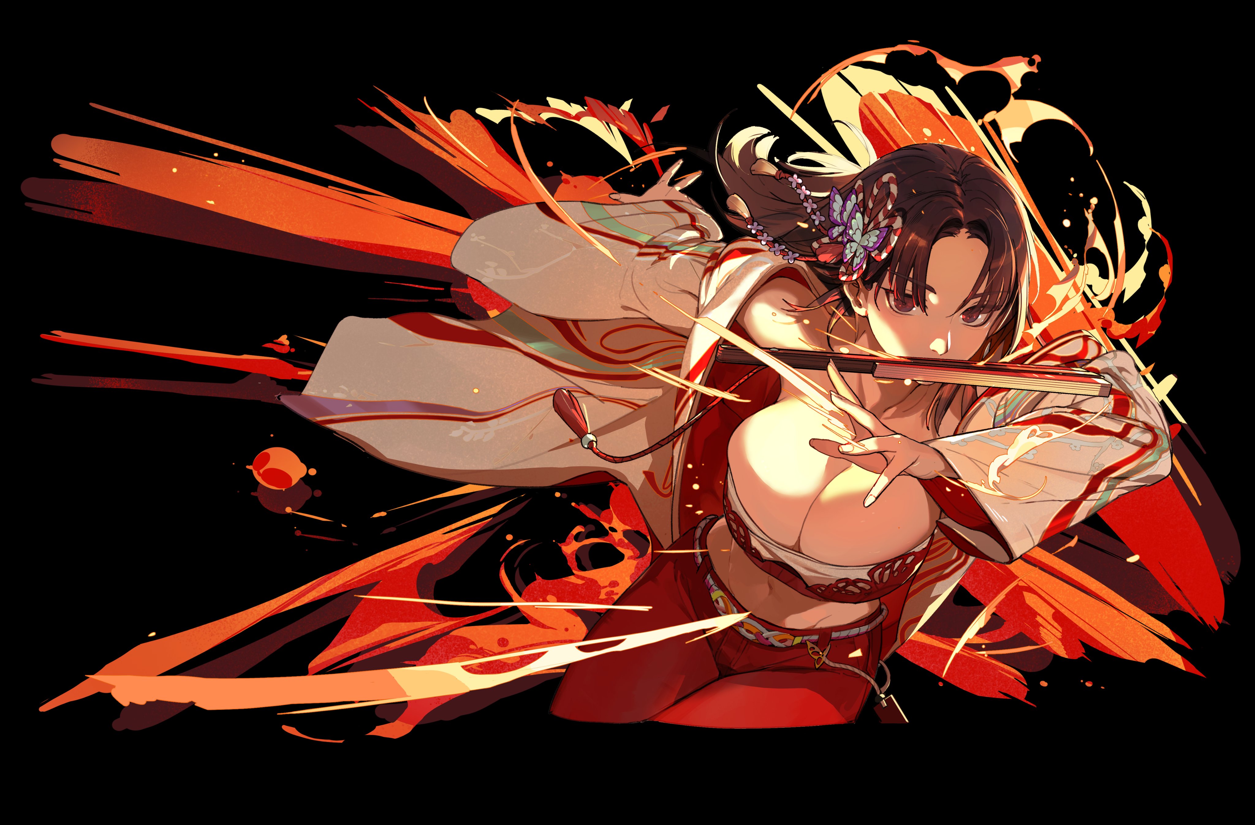 wulifeng, shiranui mai, fatal fury, street fighter, street fighter 6, absurdres, commentary request, highres, 1girl, belt, black hair, breasts, brown eyes, brown hair, bustier, cleavage, crop top, cropped legs, fire, floating hair, folded fan, folding fan, hair ornament, hand fan, large breasts, long hair, looking at viewer, midriff, mouth hold, navel, official alternate costume, official alternate hairstyle, pants, parted bangs, red bustier, red pants, solo, strapless