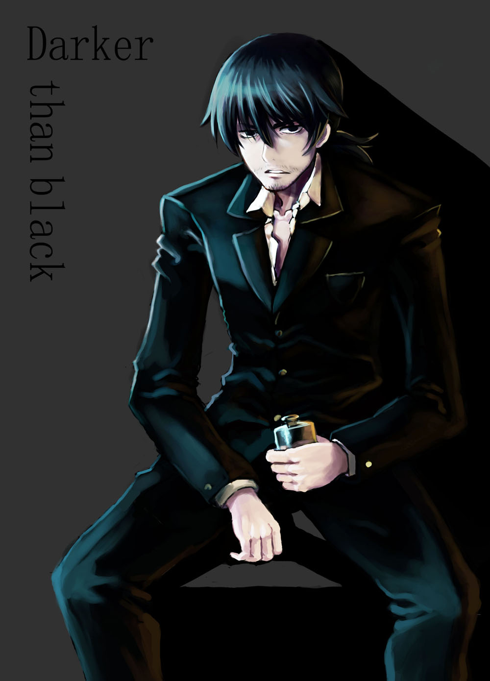 bryanth, hei (darker than black), darker than black, highres, 00s, 1boy, alcohol, beard, black hair, dark, facial hair, formal clothes, long hair, male focus, ponytail, solo
