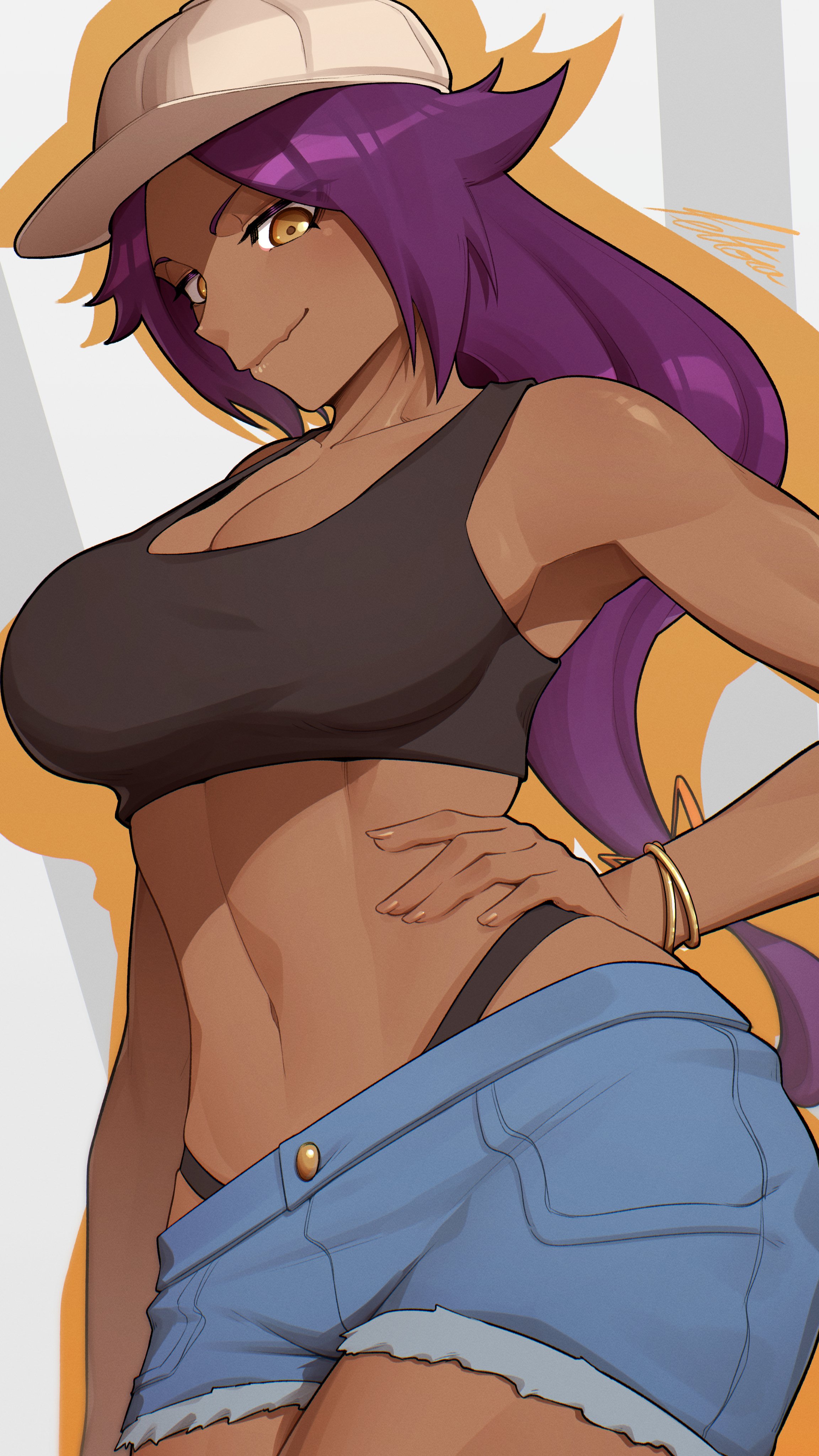 tettora, shihouin yoruichi, bleach, absurdres, commentary, highres, 1girl, alternate costume, bare shoulders, black panties, black sports bra, bracelet, breasts, cleavage, collarbone, cutoffs, dark-skinned female, dark skin, denim, denim shorts, hand on own hip, hat, highleg, highleg panties, jewelry, large breasts, long hair, looking at viewer, midriff, navel, panties, panty straps, parted bangs, ponytail, purple hair, short shorts, shorts, signature, smile, solo, sports bra, stomach, thighs, toned, toned female, underwear, very long hair, white hat, yellow eyes
