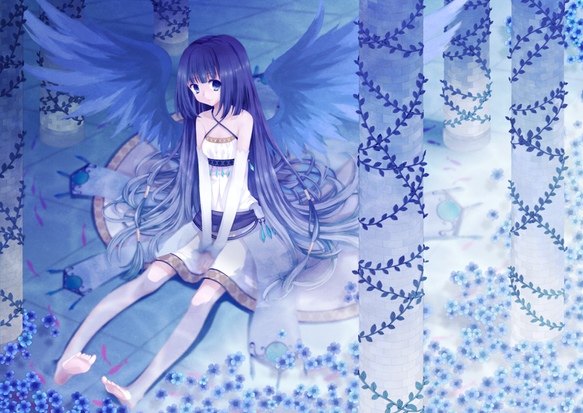 koto (colorcube), original, bad id, bad pixiv id, 1girl, bare legs, barefoot, blue eyes, blue hair, blue theme, column, detached sleeves, dress, feet, female focus, flower, hair tubes, legs, long hair, looking at viewer, matching hair/eyes, pillar, sitting, solo, v arms, water, wings