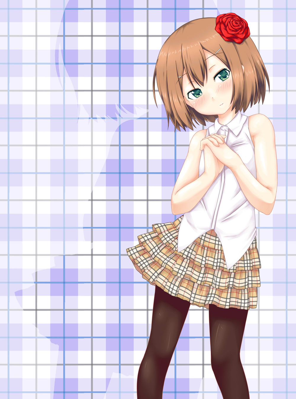 itou ayachi, kinoshita hideyoshi, baka to test to shoukanjuu, plaid, bad id, bad pixiv id, highres, blush, brown hair, crossdressing, flower, green eyes, hair flower, hair ornament, male focus, pantyhose, school uniform, skirt, solo, trap