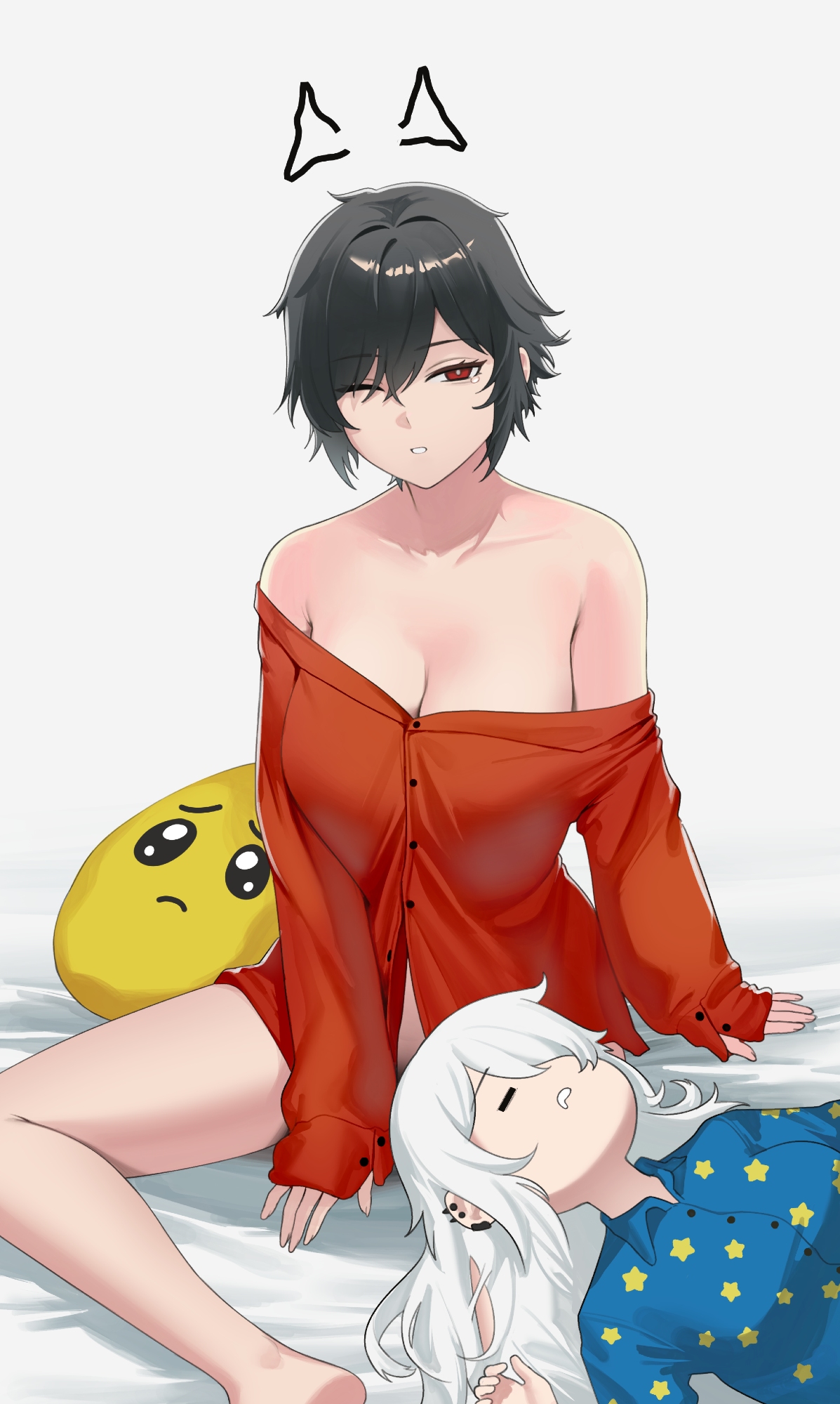sedai, catherine (sedai), z-chan (milim nova), commentary, english commentary, highres, 2girls, = =, bare legs, bare shoulders, black hair, blue shirt, breasts, bright pupils, buttons, cleavage, closed eyes, collared shirt, drawn ears, drooling, ear piercing, emoji, feet out of frame, fingernails, hair over one eye, lap pillow, large breasts, long hair, looking at viewer, lying, messy hair, mouth drool, multiple girls, on back, one eye closed, oversized clothes, oversized shirt, pajamas, piercing, pleading face emoji, red eyes, red shirt, shirt, short hair, single tear, sitting, sleeping, sleepy, star (symbol), white background, white hair, white pupils