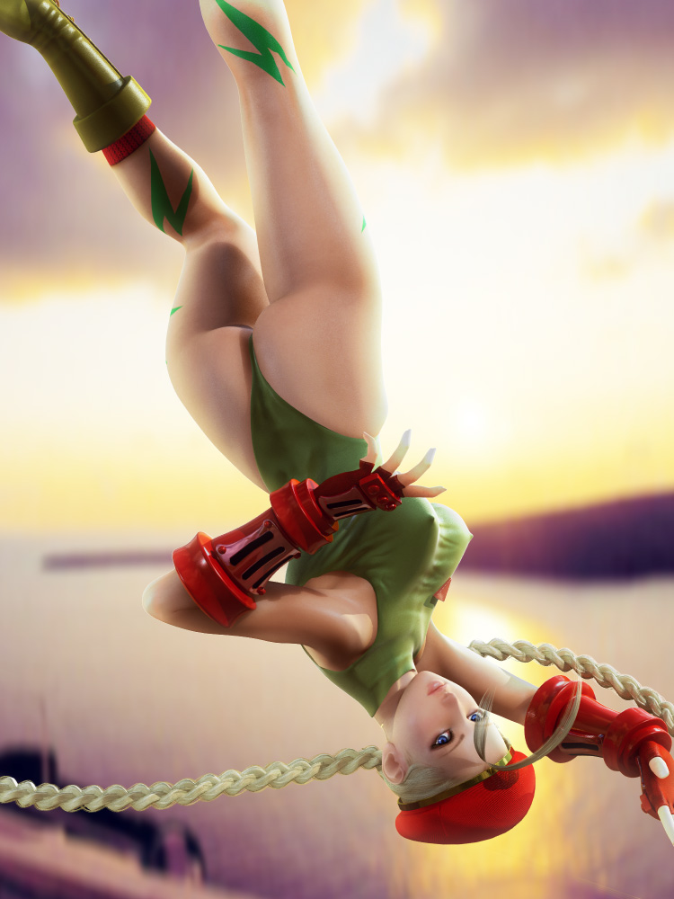 incise soul, m-rs, cammy white, capcom, street fighter, 1girl, 3d, ass, beret, blonde hair, blue eyes, braid, breasts, cloud, female focus, gloves, hat, highleg, large breasts, leotard, long hair, outdoors, sky, solo, water