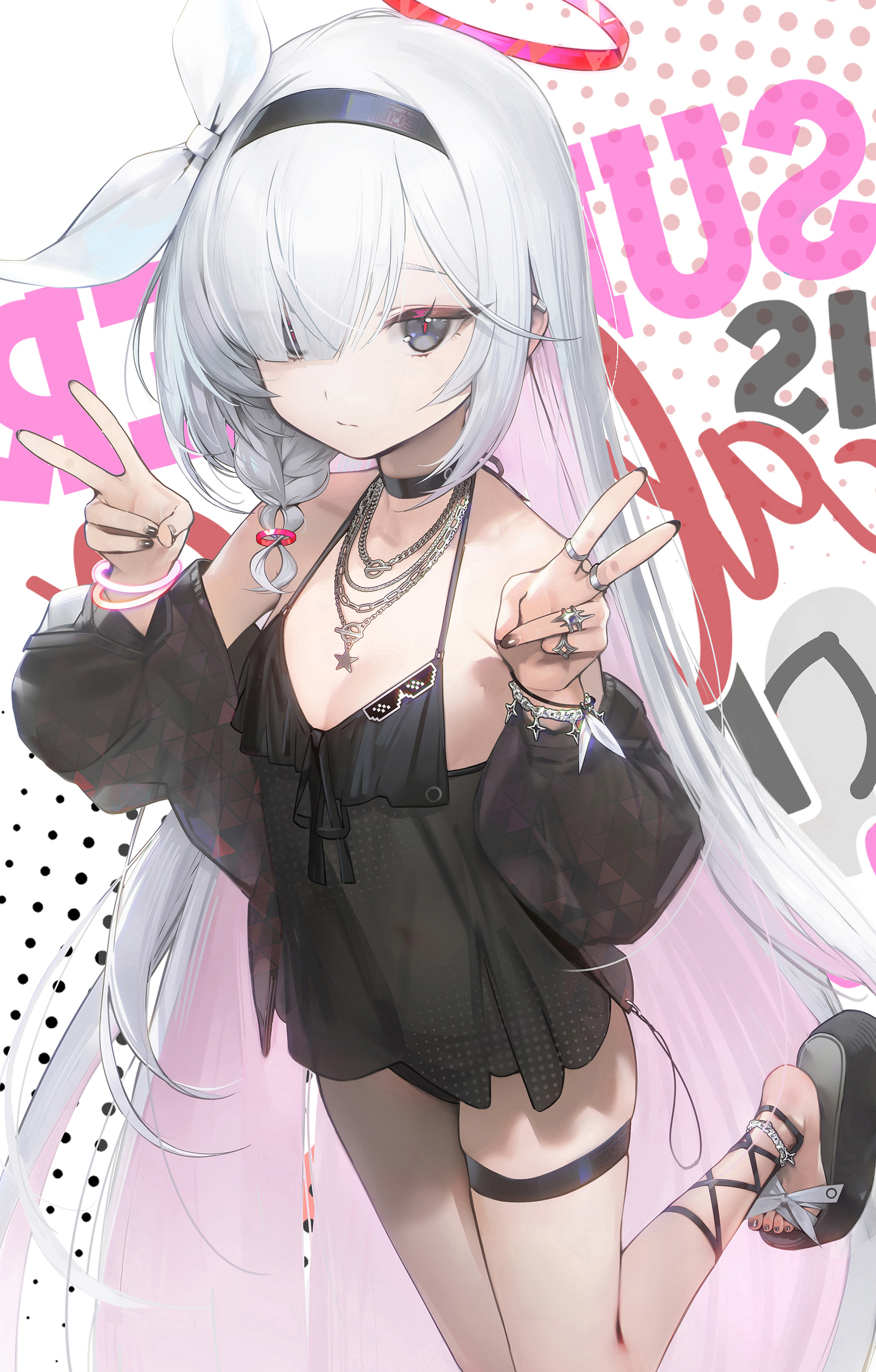 drive shot, plana (blue archive), blue archive, absurdres, commentary request, highres, revision, 1girl, :/, alternate costume, bare arms, bare shoulders, bikini, bikini under clothes, black bikini, black choker, black dress, black hairband, black nails, braid, breasts, choker, double v, dress, expressionless, hair over one eye, hair ribbon, hairband, halo, hands up, jewelry, long hair, looking at viewer, multicolored hair, multiple rings, nail polish, navel, pink hair, pink halo, pink pupils, ribbon, ring, sandals, see-through clothes, see-through dress, single braid, small breasts, solo, standing, standing on one leg, swimsuit, thigh strap, two-tone hair, v, very long hair, white hair, white ribbon