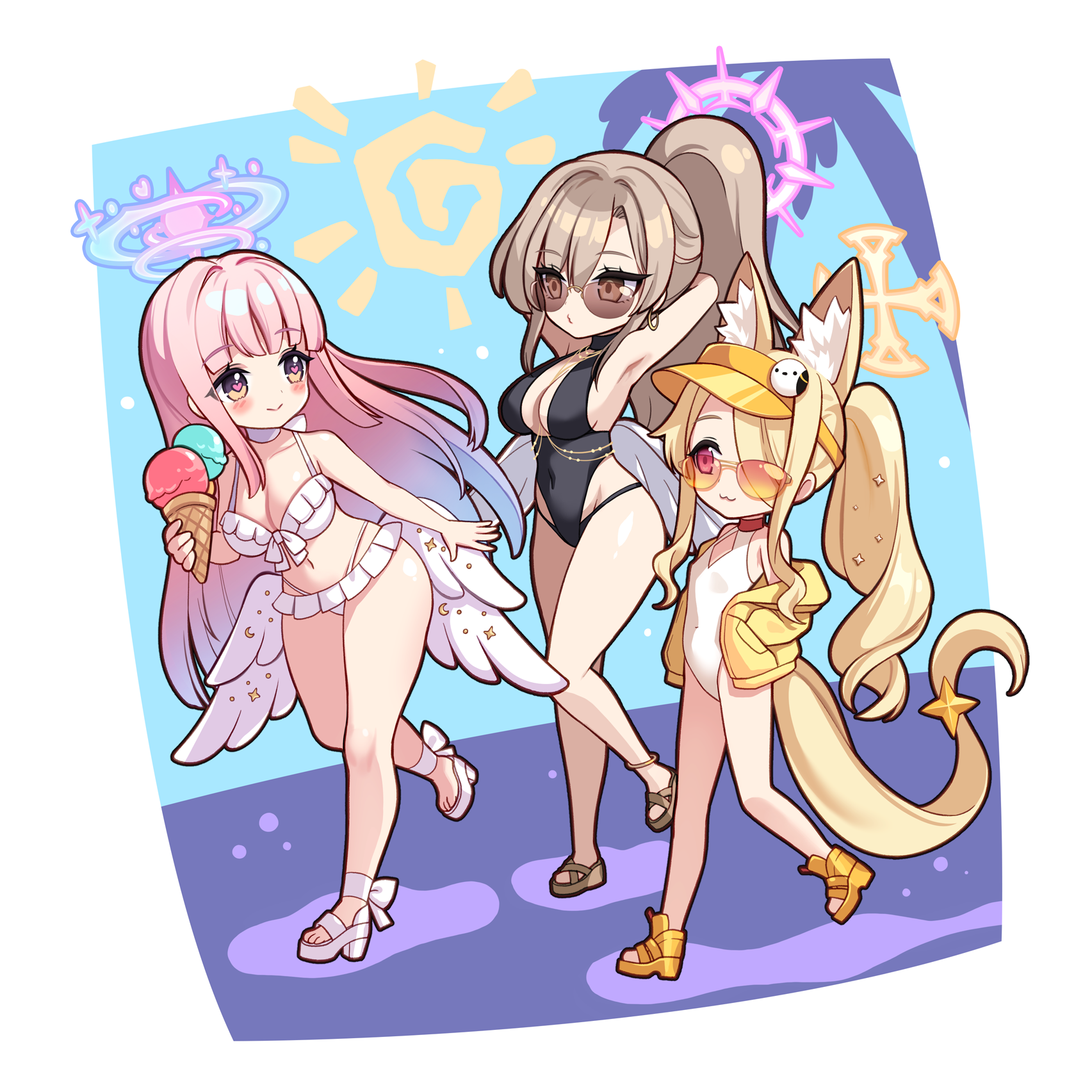 trhisell, mika (blue archive), mika (swimsuit) (blue archive), nagisa (blue archive), nagisa (swimsuit) (blue archive), seia (blue archive), seia (swimsuit) (blue archive), blue archive, commentary request, highres, korean commentary, revision, 3girls, :3, animal ear fluff, animal ears, arm behind head, armpits, backless outfit, bikini, black one-piece swimsuit, blonde hair, blue hair, blush, breasts, brown hair, cleavage, closed mouth, covered navel, feathered wings, food, fox ears, full body, halo, halterneck, hand up, high ponytail, holding, holding food, holding ice cream, holding ice cream cone, ice cream, ice cream cone, jacket, long hair, looking at another, low wings, medium breasts, multicolored hair, multiple girls, navel, one-piece swimsuit, open clothes, open jacket, orange visor, pink hair, pink halo, ponytail, sandals, small breasts, smile, stomach, sunglasses, swimsuit, tea party (blue archive), very long hair, visor cap, walking, white bikini, white one-piece swimsuit, white sandals, white wings, wings, yellow eyes, yellow halo, yellow jacket
