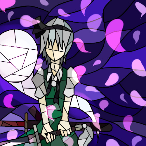 koutyousan, konpaku youmu, konpaku youmu (ghost), touhou, lowres, 1girl, faux traditional media, female focus, katana, solo, stained glass, sword, weapon