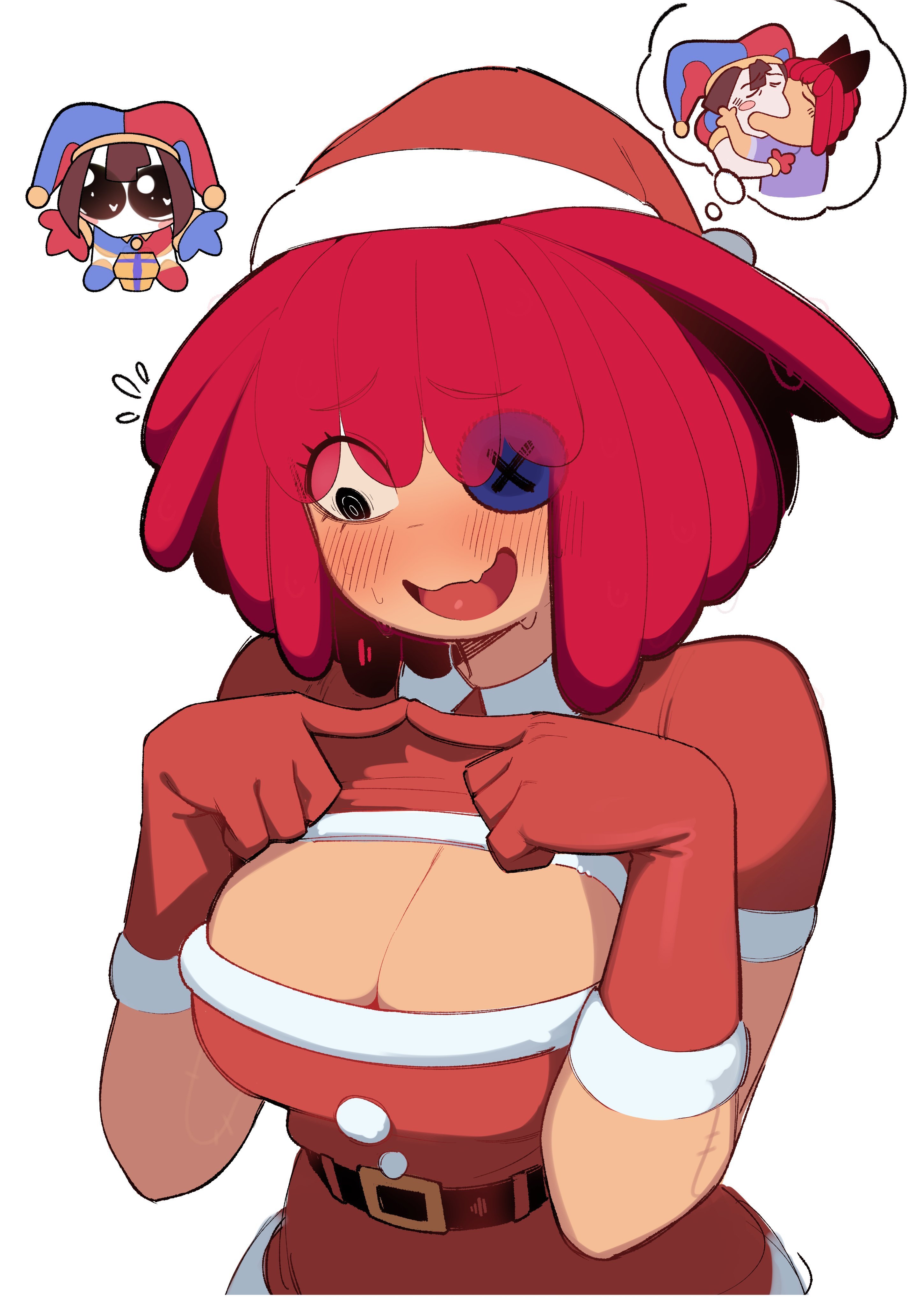 pomni (the amazing digital circus), ragatha (the amazing digital circus), the amazing digital circus, absurdres, commentary, english commentary, highres, 2girls, @ @, alternate costume, belt, belt buckle, black belt, blush, breasts, buckle, chibi, cleavage, dress, gloves, hat, index fingers together, jester cap, kiss, large breasts, multiple girls, open mouth, pleading eyes, red dress, red eyes, red gloves, red hat, ryzz ryzz, santa costume, santa dress, santa hat, smile, solo focus, speech bubble, sweat, thought bubble, white background