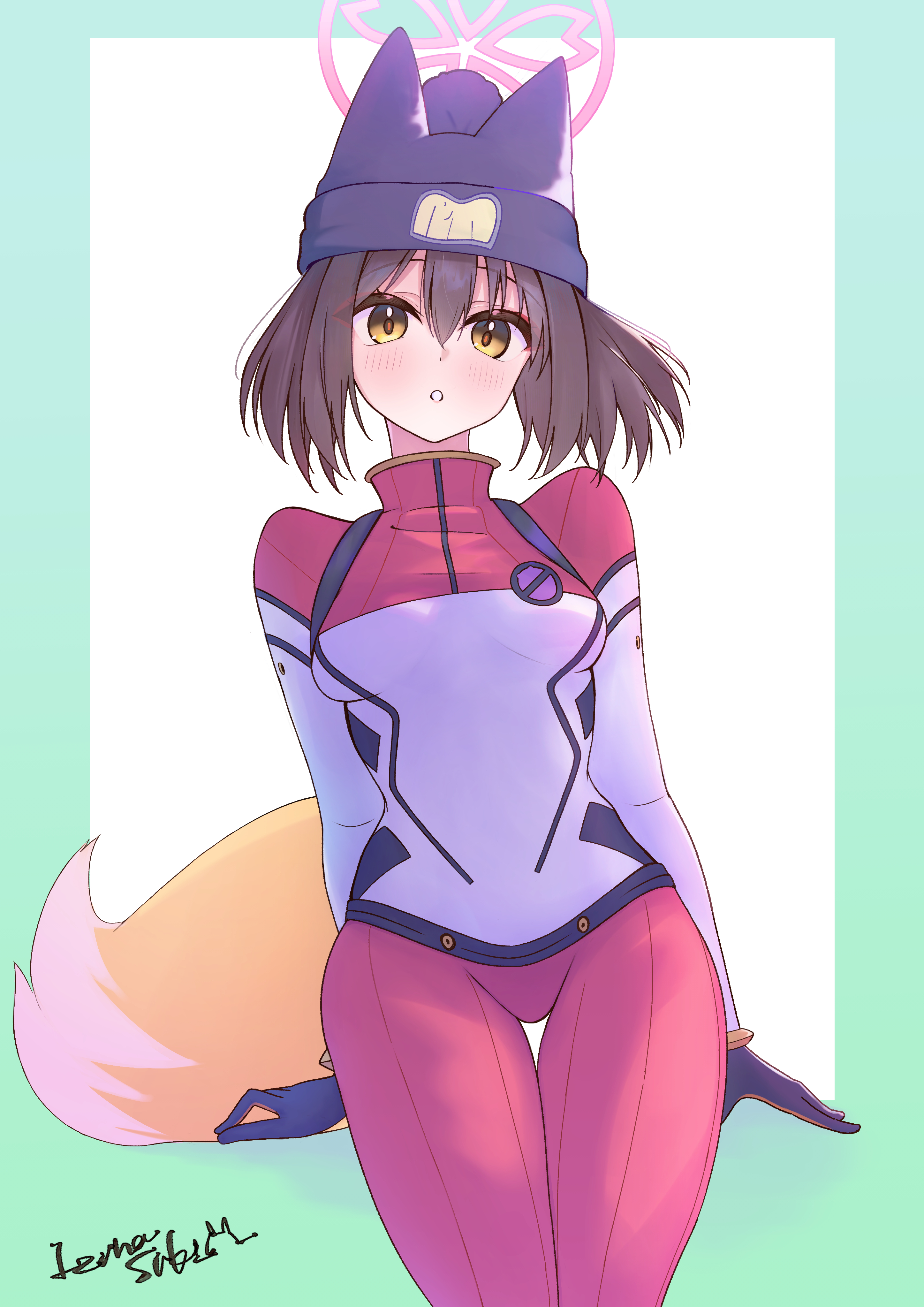 izunasuki art, amate yuzuriha, izuna (blue archive), blue archive, gundam, gundam gquuuuuux, absurdres, commentary request, highres, revision, 1girl, amate yuzuriha (cosplay), animal ears, arm support, beanie, black gloves, bodysuit, breasts, brown hair, cosplay, ears under headwear, fox ears, fox girl, fox tail, gloves, halo, hat, looking at viewer, mecha pilot suit, multicolored bodysuit, normal suit (gundam), pink halo, red bodysuit, short hair, signature, simple background, small breasts, solo, tail, thigh gap, turtleneck, turtleneck bodysuit, white background, yellow eyes, yellow tail