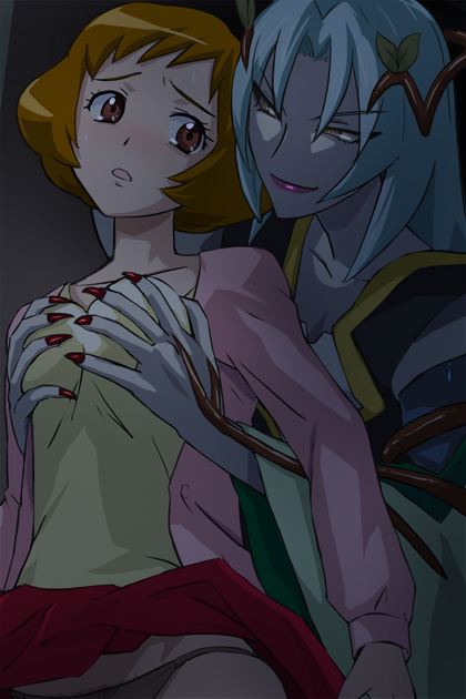 haruyama kazunori, kita nayuta, momozono ayumi, northa, northa (fresh precure!), fresh precure!, precure, silver hair, 00s, 2girls, blush, breasts, clothes lift, eyelashes, from behind, grabbing another's breast, groping, hair ornament, lipstick, long hair, makeup, molestation, multiple girls, panties, pubic hair, red hair, short hair, skirt, skirt lift, underwear, yuri