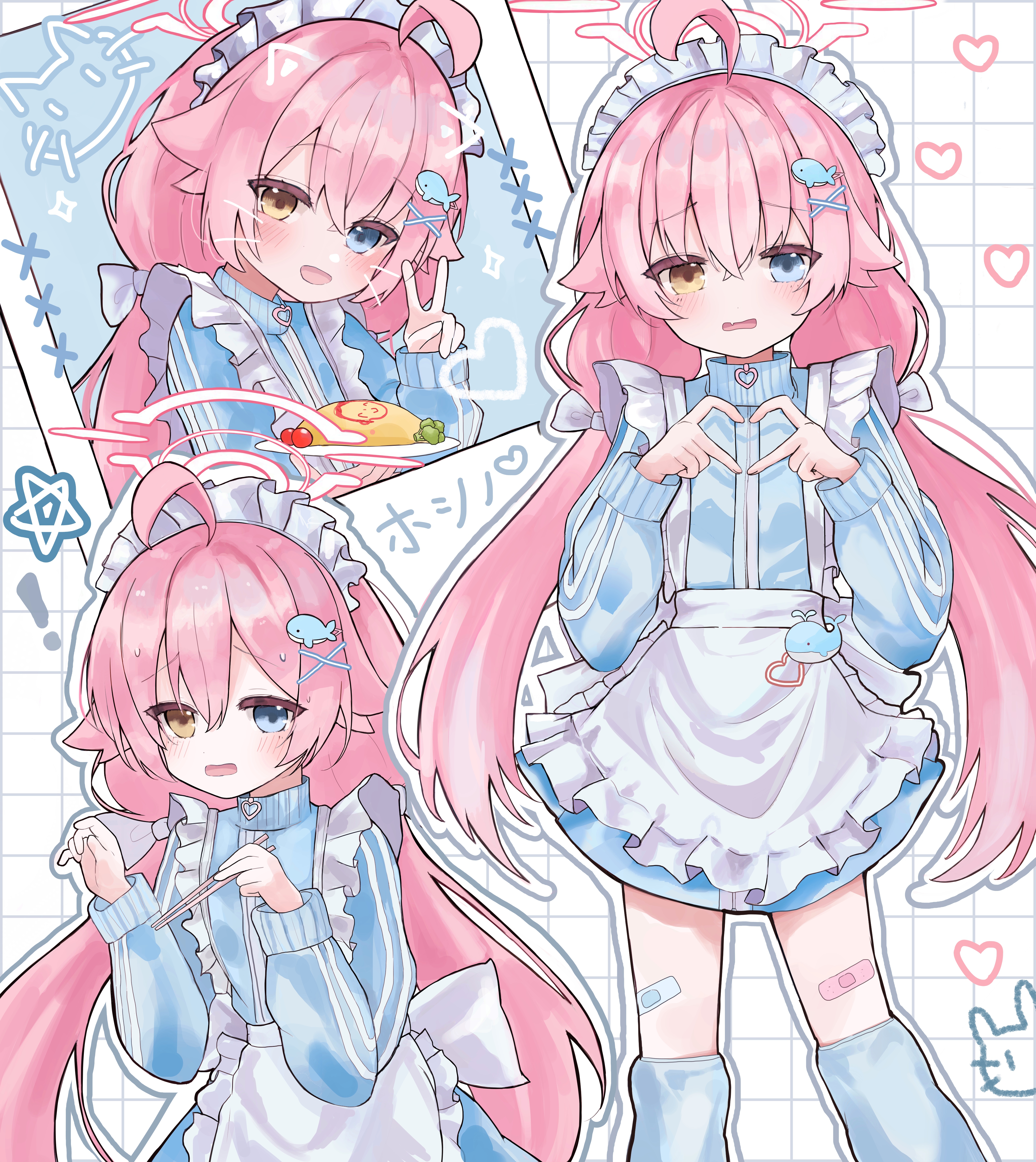 chii (k ung), hoshino (blue archive), blue archive, absurdres, commentary request, highres, revision, !, 1girl, alternate costume, apron, blue dress, blue eyes, blush, chopsticks, dress, enmaided, food, four-finger heart hands, frilled apron, frilled hairband, frills, hair ornament, hairband, halo, hands up, heart, heart hands, heterochromia, holding, holding chopsticks, holding plate, long hair, long sleeves, looking at viewer, maid, maid headdress, multiple views, omelet, omurice, open mouth, pink hair, plate, star (symbol), very long hair, whale hair ornament, white apron, white hairband, yellow eyes