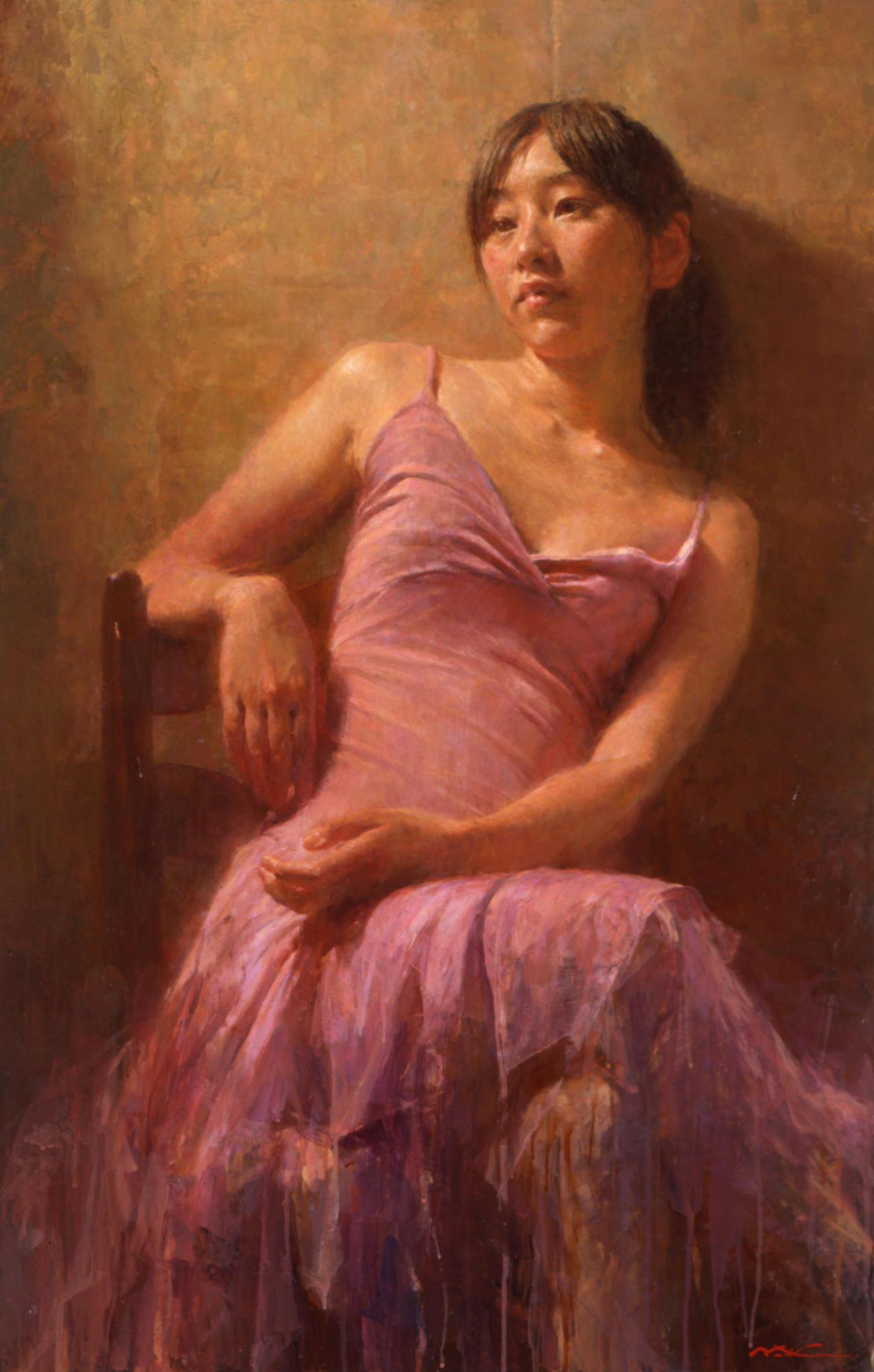 misawa hiroshi, original, commentary request, highres, oil painting (medium), painting (medium), traditional media, 1girl, asian, black hair, chair, closed mouth, dated commentary, dress, evening gown, expressionless, feet out of frame, medium hair, on chair, pink dress, realistic, sitting, sleeveless, sleeveless dress, solo, spaghetti strap