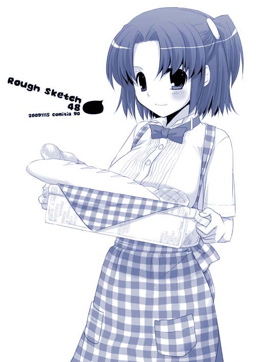nakajima yuka, plaid, 1girl, apron, blue theme, bow, bowtie, bread, female focus, food, monochrome, side ponytail, solo, waitress