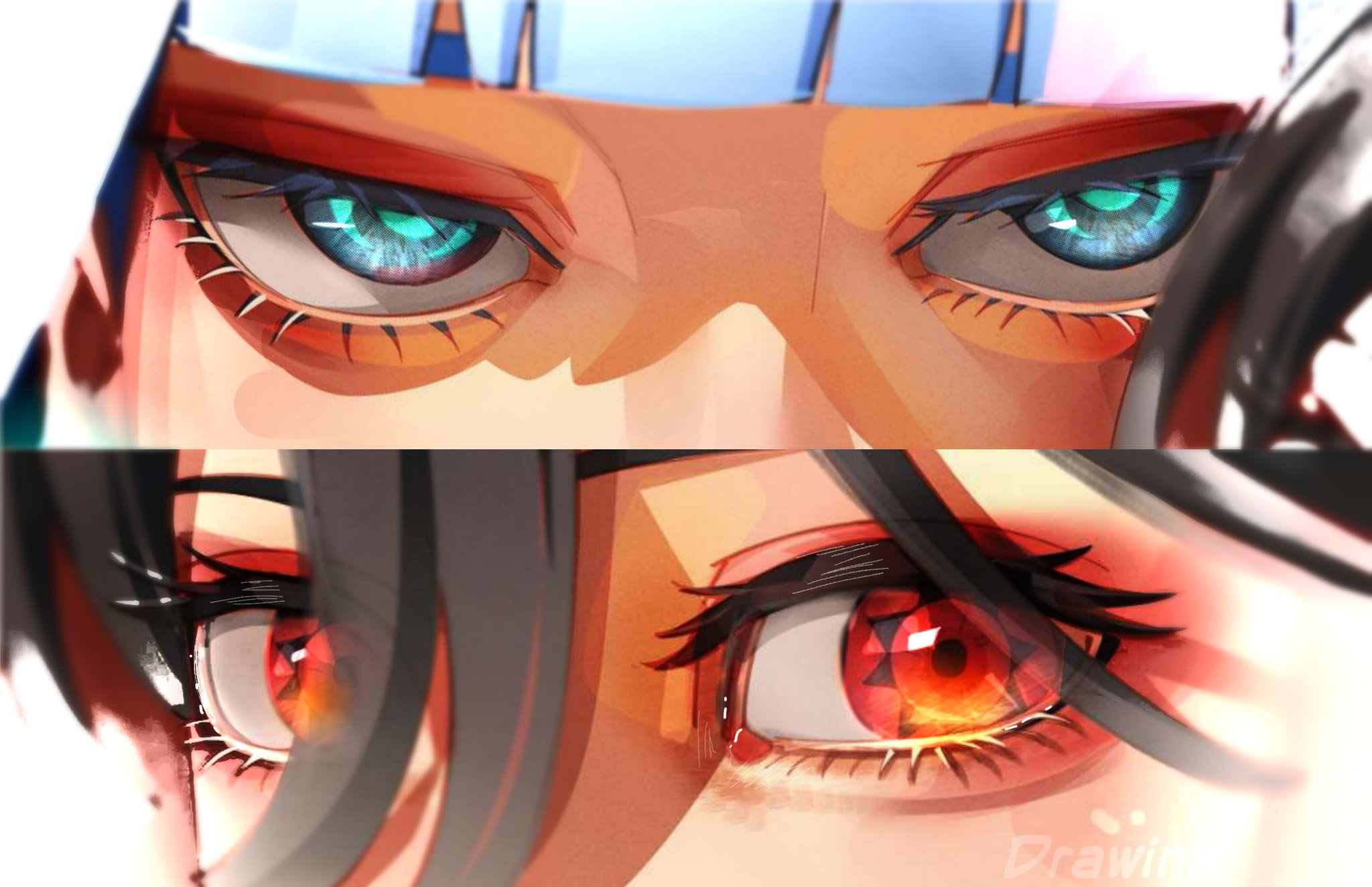 drawink, ada (naruto), uchiha sarada, boruto: two blue vortex, naruto (series), commentary, english commentary, highres, 2girls, artist name, black hair, blue eyes, blue hair, blunt bangs, eye focus, eyebrows hidden by hair, eyelashes, mangekyou sharingan, multiple girls, red eyes, sharingan, watermark