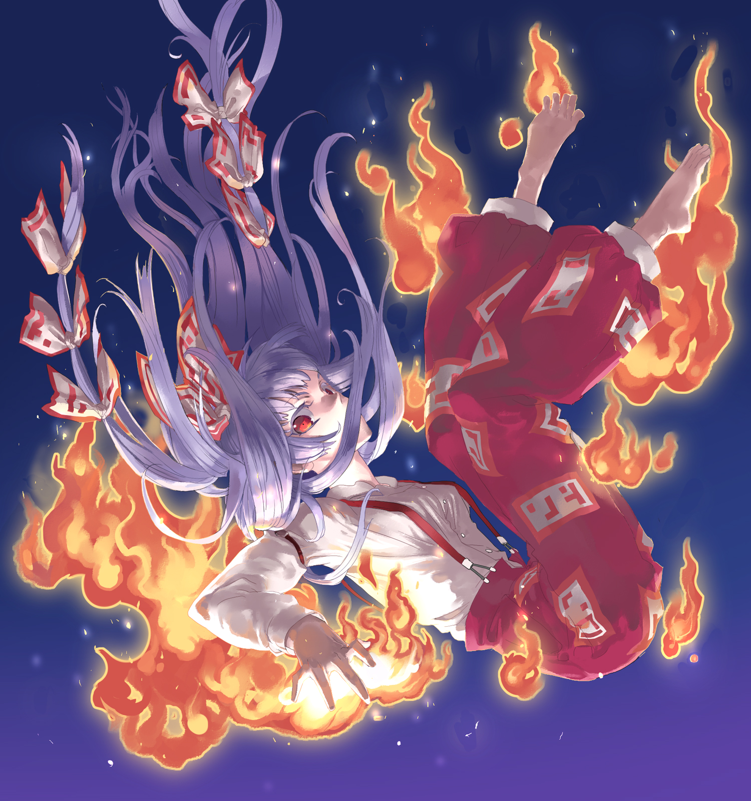 kon'ya (usamimi parlour), konya, fujiwara no mokou, touhou, silver hair, highres, 1girl, bow, female focus, fire, hair bow, hair ribbon, long hair, multiple hair bows, red eyes, ribbon, solo, suspenders