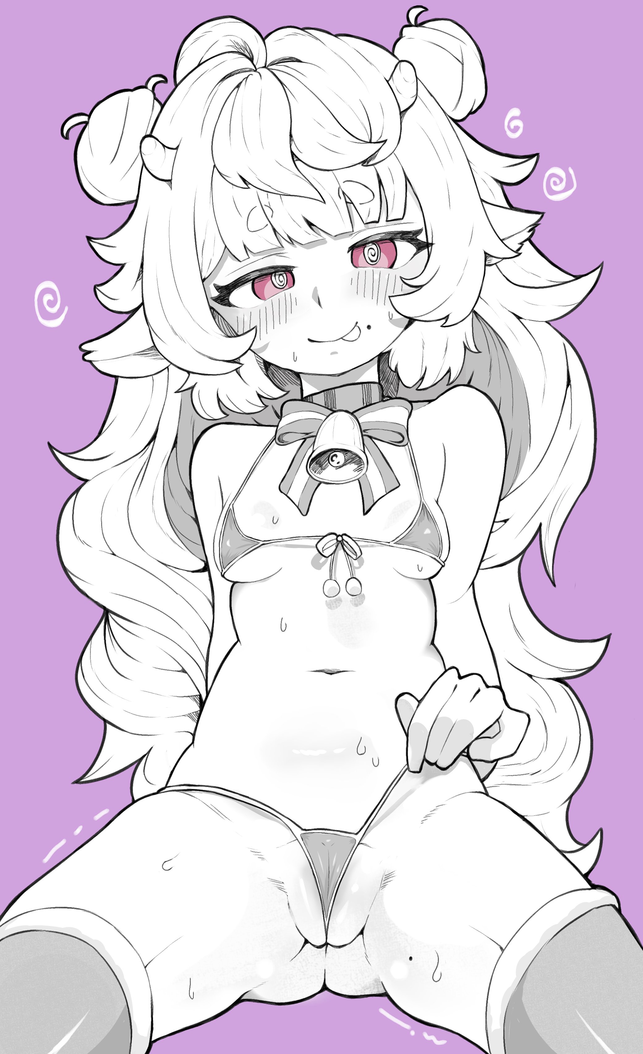 lavacacticus, muu muyu, phase connect, 1girl, @ @, animal ears, ass, bare shoulders, bikini, blush, bow, breasts, cow ears, double bun, hair bun, horns, long hair, looking at viewer, micro bikini, mole, navel, neck bell, pink eyes, small breasts, solo, spread legs, sweat, swimsuit, thighhighs, thighs, tongue, tongue out, virtual youtuber, wedgie