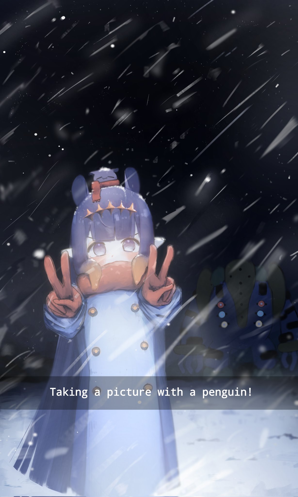 ninomae ina'nis, regigigas, takodachi (ninomae ina'nis), hololive, hololive english, commentary, english commentary, highres, 1girl, 1other, blush, covered mouth, crossover, diamond hairband, double v, english text, gen 4 pokemon, legendary pokemon, looking at viewer, night, pointy ears, purple eyes, purple hair, rametkup, red scarf, scarf, snow, snowing, solo, tentacle hair, v, virtual youtuber