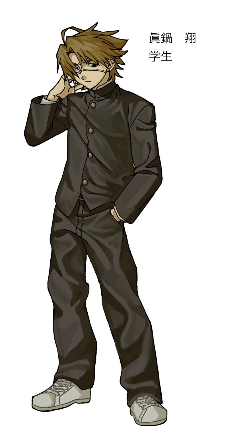 original, commentary request, highres, 1boy, ahoge, aka (pixiv111240176), black jacket, black pants, brown hair, closed mouth, earrings, eyepatch, full body, gakuran, hand in pocket, jacket, jewelry, light smile, male focus, medical eyepatch, pants, school uniform, shoes, short hair, simple background, sneakers, solo, standing, stud earrings, white background, white shoes