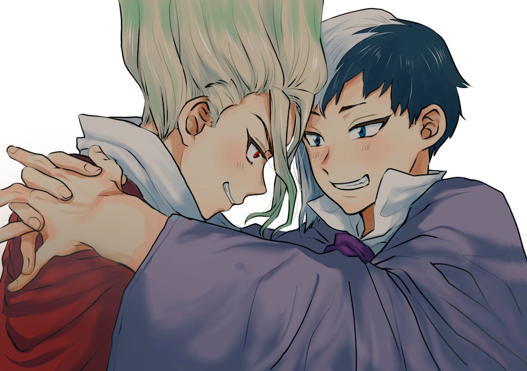 asagiri gen, ishigami senkuu, dr. stone, commentary request, 040104biglove, 2boys, black hair, blonde hair, blue eyes, blush, collar, collared shirt, gradient hair, green hair, grin, hug, interlocked fingers, light blush, long hair, looking at another, male focus, multicolored hair, multiple boys, red eyes, shirt, short hair, simple background, smile, smirk, smug, spiked hair, teeth, two-tone hair, white background, white hair