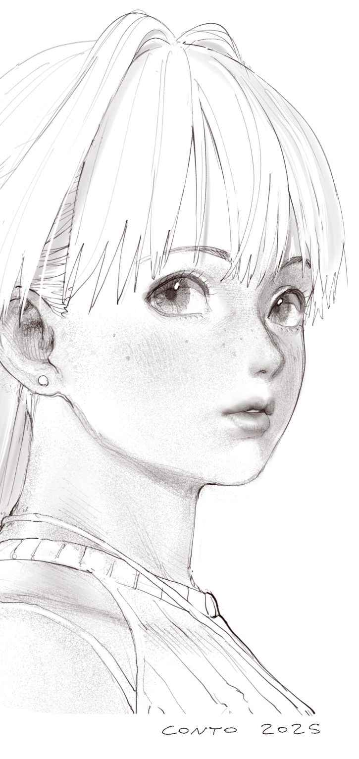 conto, catherine (conto), original, clip studio paint (medium), highres, 1girl, 2025, earrings, freckles, greyscale, jewelry, long hair, looking at viewer, monochrome, parted lips, portrait, realistic, solo, stud earrings