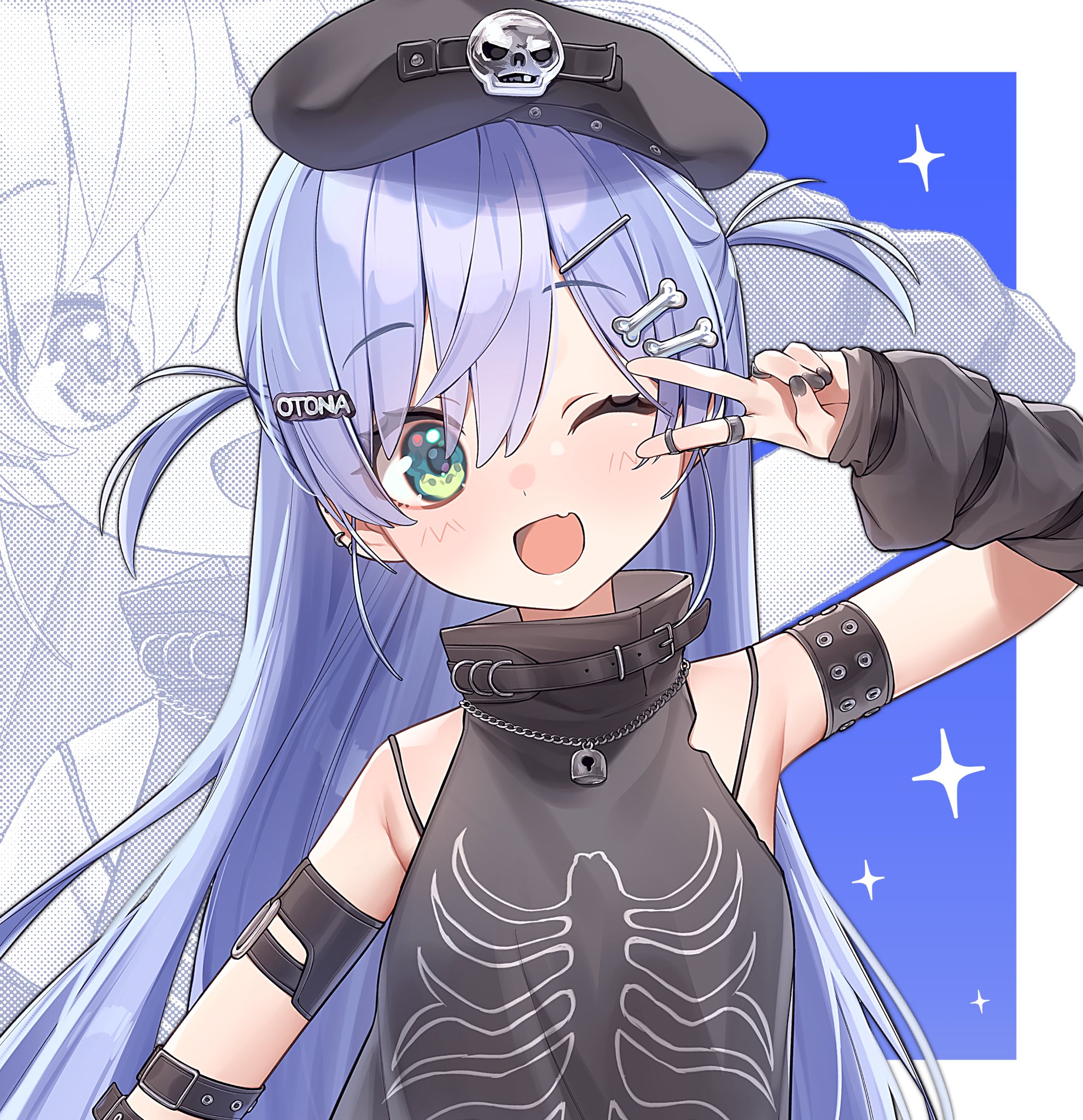 yano kuromu, yano kuromu (1st costume), vspo!, commentary, highres, symbol-only commentary, 1girl, :d, aqua eyes, arm warmers, armlet, beret, black hat, black shirt, blue background, blue hair, bone hair ornament, border, bra strap, fang, hair ornament, hairclip, hand up, hat, jewelry, long hair, okoten pan, one eye closed, open mouth, ring, shirt, skeleton print, skin fang, sleeveless, sleeveless shirt, smile, solo, two side up, upper body, v, virtual youtuber, zoom layer