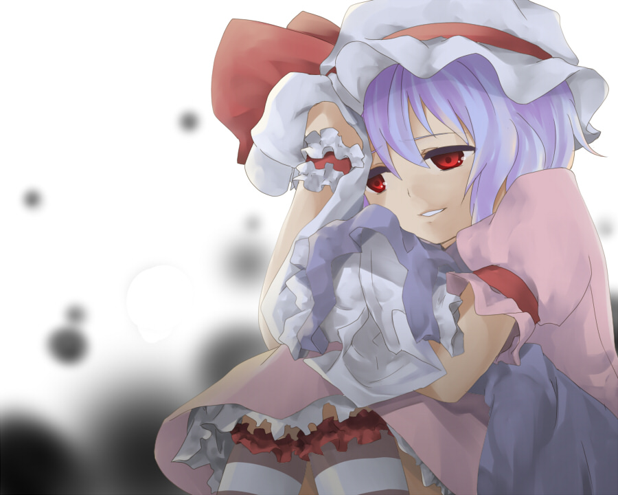 asagi-so, remilia scarlet, touhou, bad id, bad pixiv id, 1girl, blue hair, female focus, hat, red eyes, short hair, sitting, solo, white background