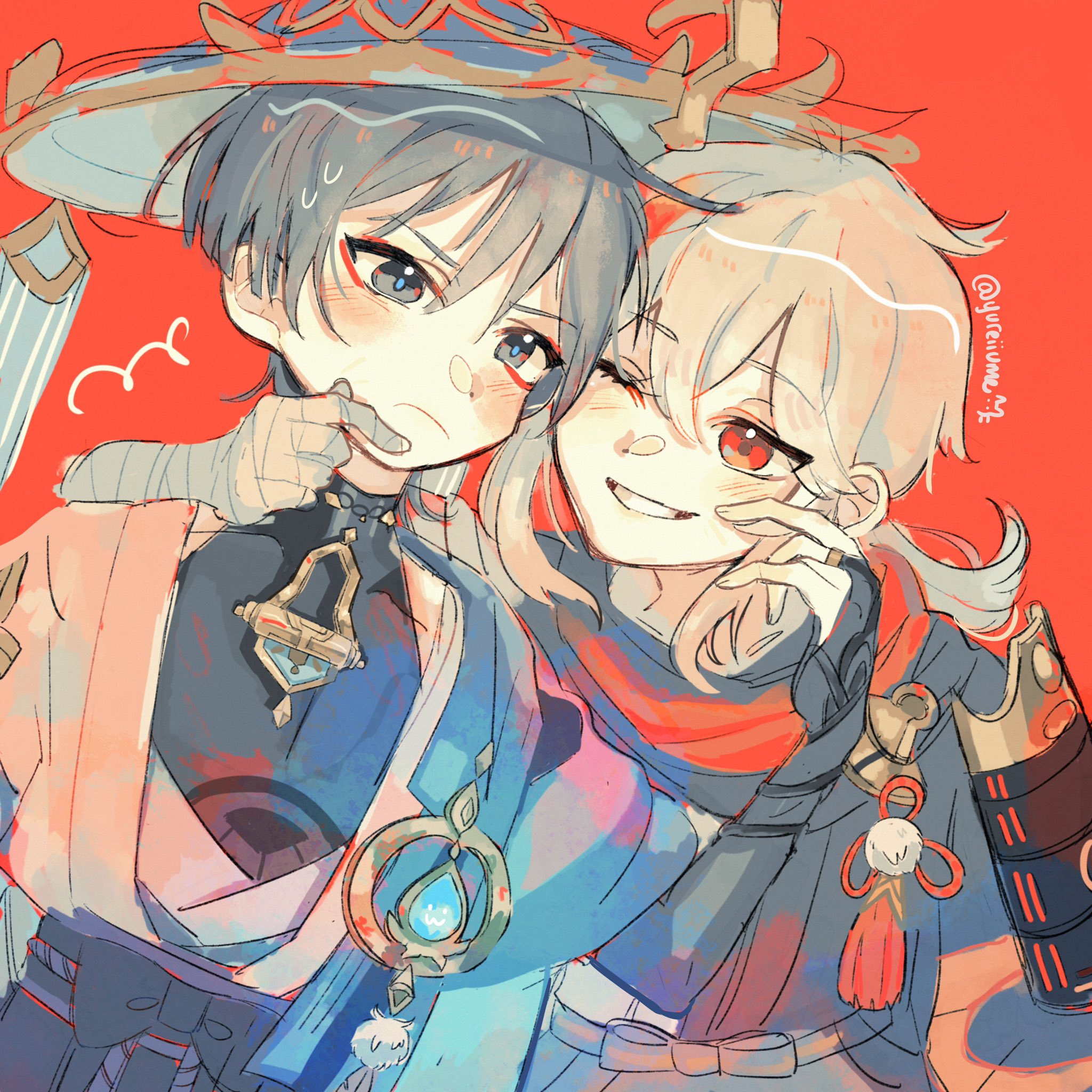 yureiiyummi, kaedehara kazuha, scaramouche (genshin impact), wanderer (genshin impact), genshin impact, commentary, english commentary, highres, ahoge, bandaged hand, bandages, hand on another's face, hat, jewelry, looking at another, one eye closed, red background, red eyes, ring, side ponytail, teeth, vision (genshin impact), watermark