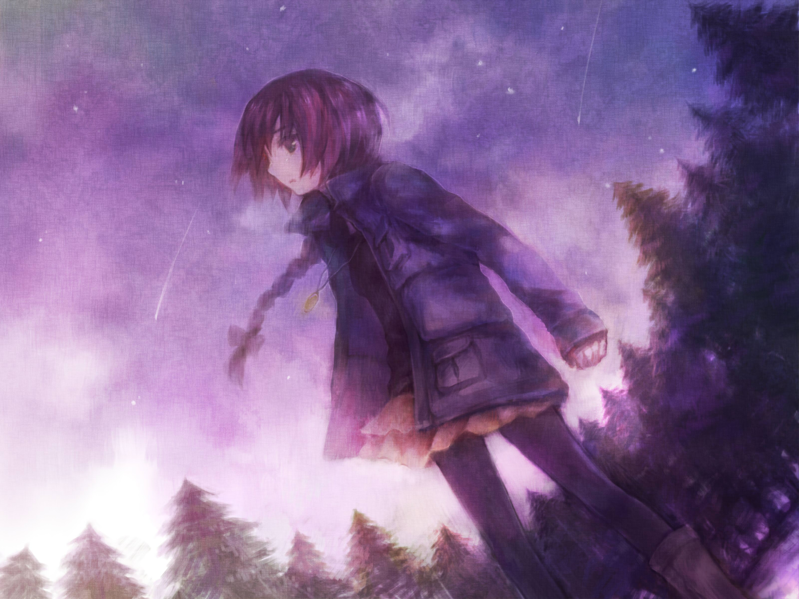 ameiro, suou pavlichenko, darker than black, bad id, bad pixiv id, highres, 00s, 1girl, blue eyes, braid, coat, faux traditional media, female focus, forest, jewelry, nature, night, pantyhose, parka, pendant, ponytail, single braid, sky, solo, speed painting, star (sky), star (symbol), starry sky