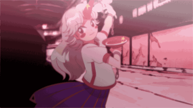 hoshiguma yuugi, subterranean animism, touhou, horn, screencap, animated, animated gif, 1girl, blonde hair, blush, blush stickers, chain, female focus, official style, oni, single horn, solo, star (symbol), touhou anime project, zun (style)