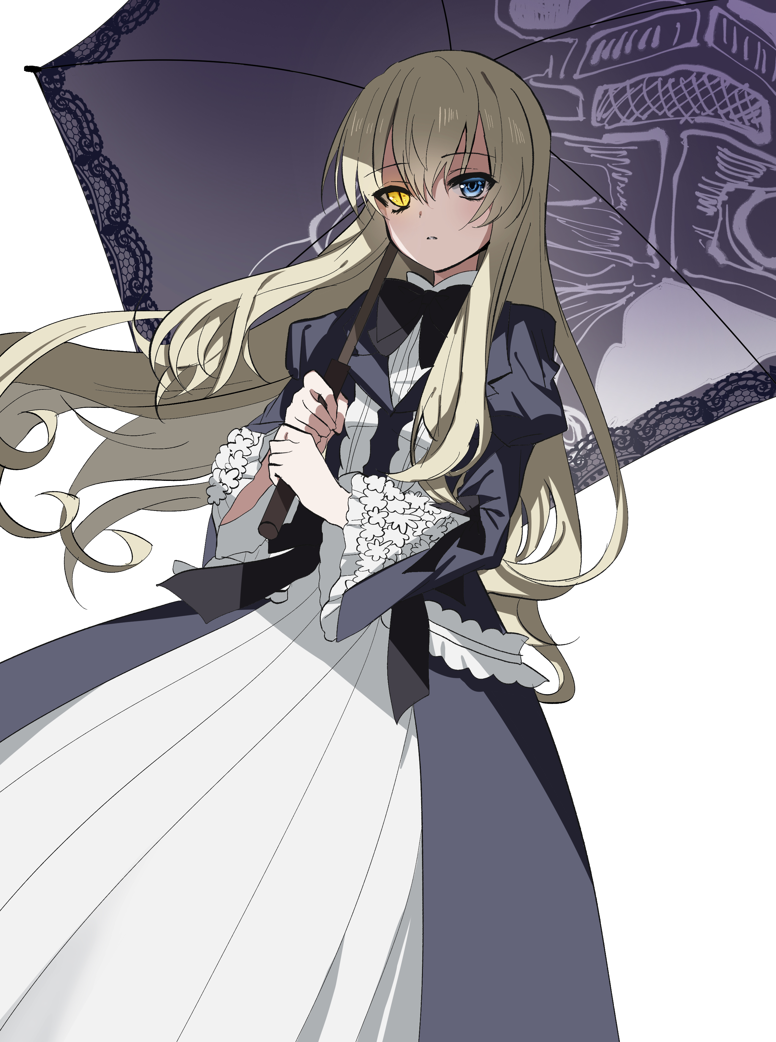 kasukasugom1, mary clarissa christie, shikkoku no sharnoth, steampunk (liarsoft), absurdres, commentary request, highres, 1girl, black bow, black bowtie, black dress, blonde hair, blue eyes, bow, bowtie, dress, dutch angle, eyelashes, feet out of frame, floating hair, floral print, floral print sleeves, frown, hair between eyes, heterochromia, holding, holding umbrella, juliet sleeves, long dress, long hair, long sleeves, looking at viewer, parted lips, puffy sleeves, sidelocks, simple background, slit pupils, solo, standing, two-tone dress, umbrella, under umbrella, very long hair, white background, white dress, wide sleeves, yellow eyes