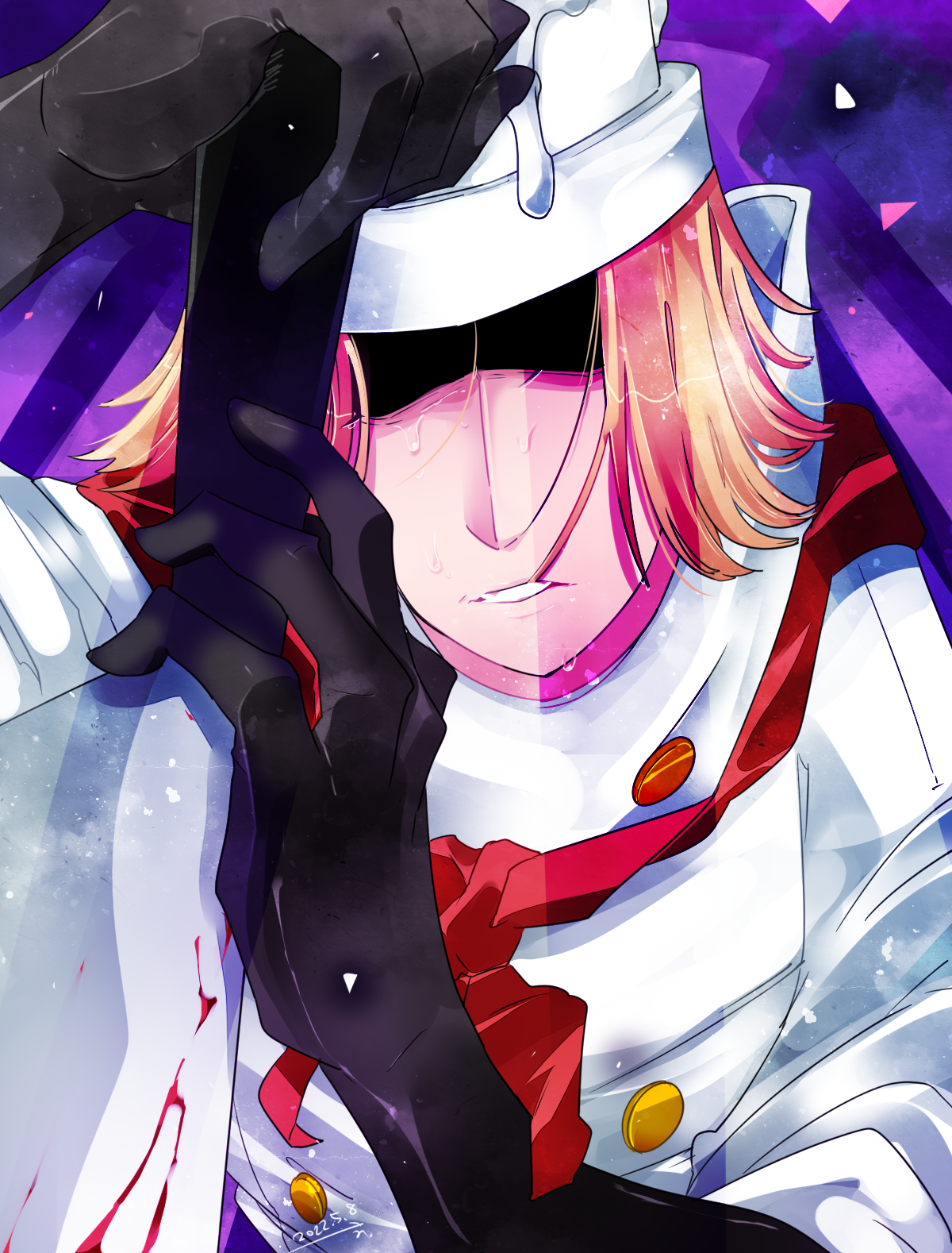 uno uno, hell's chef (gregory horror show), gregory horror show, commentary request, highres, 1boy, black gloves, blonde hair, blood, bloody knife, bloody weapon, chef, chef hat, coat, crying, dated, gloves, gold buttons, hat, holding, holding knife, incoming attack, knife, looking at viewer, male focus, neckerchief, parted lips, pov stabbed, purple background, red neckerchief, shaded face, signature, solo, teeth, weapon, white coat, white hat