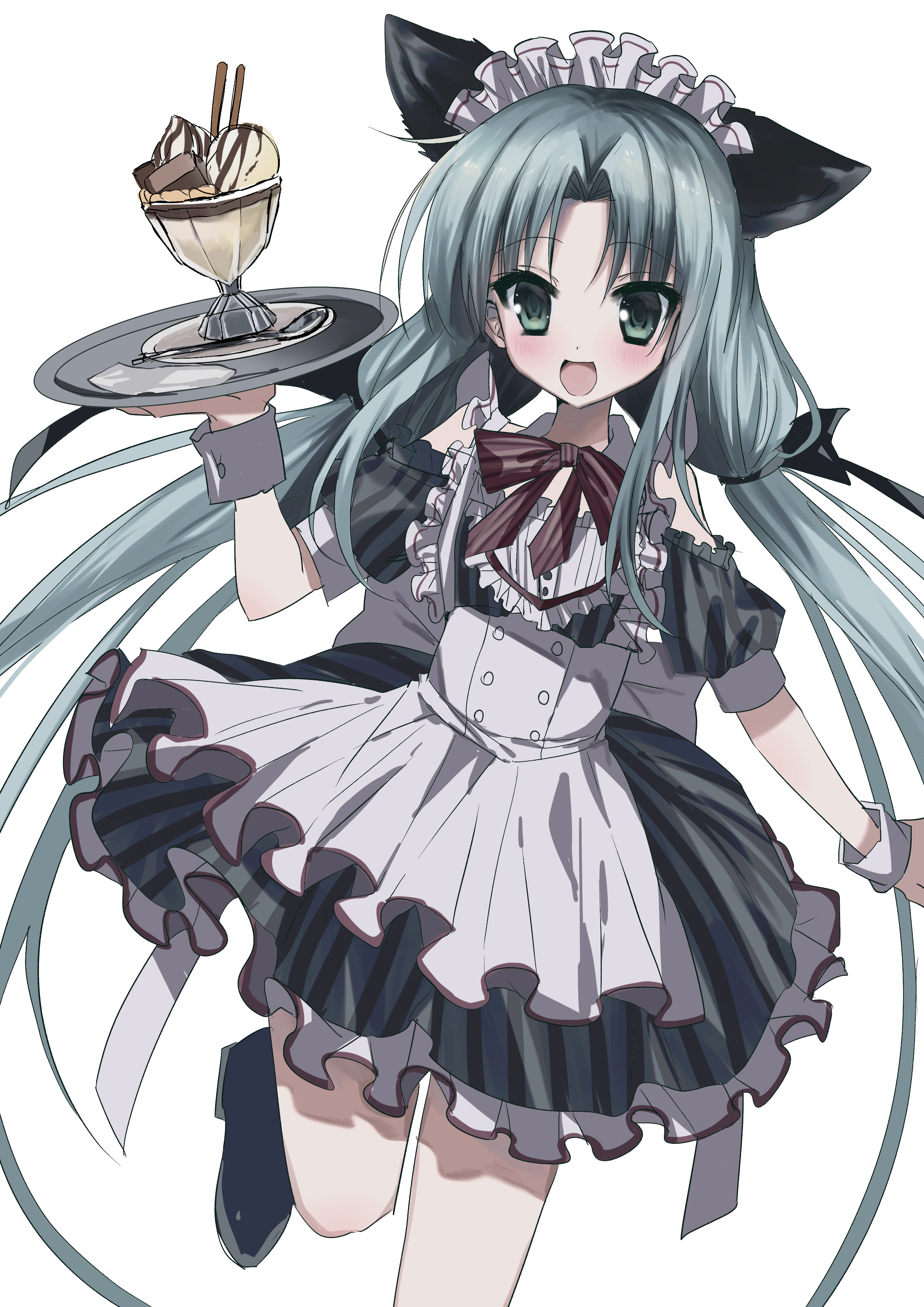kasukasugom1, nonohara hinazakura, himawari no kyoukai to nagai natsuyasumi, absurdres, commentary request, highres, 1girl, :d, alternate costume, animal ears, apron, aqua hair, black bow, black dress, blush, bow, bowtie, cat ears, dress, enmaided, eyes visible through hair, fake animal ears, floating hair, food, foot out of frame, frilled apron, frilled dress, frills, green eyes, hair bow, hand up, happy, holding, holding tray, ice cream, long hair, looking at viewer, low twintails, maid, maid apron, maid headdress, open mouth, parted bangs, red bow, red bowtie, sidelocks, simple background, smile, solo, standing, standing on one leg, tray, twintails, very long hair, white apron, white background, white wrist cuffs, wrist cuffs